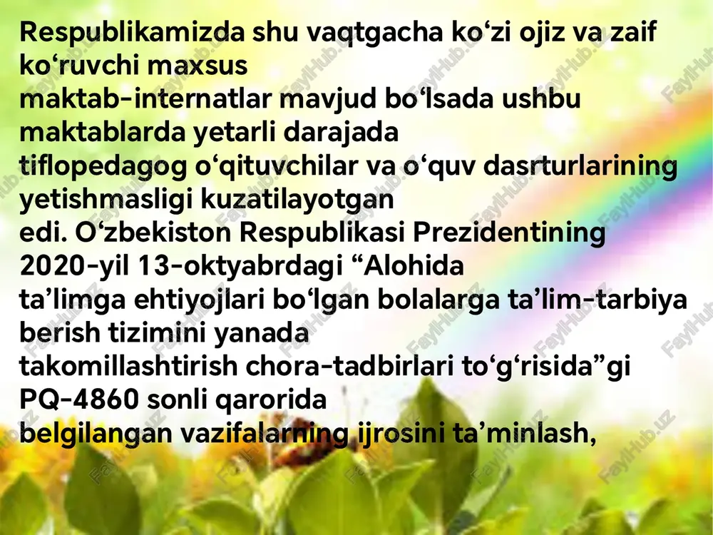vaziyatlarga nisbatan bag ‘rikenglik, rivojlanishida muammosi bo‘lgan bolaning shaxsiga hurmat hissini o ‘zida jamlash kabilardir asosiy vazifa - ko‘rish qobiliyati past bo‘lgan bolalarning ko‘p qirrali rivojlanishi uchun sharoit yaratish va ikkilamchi (ya’ ni, asosiy zaiflik tufayli) rivojlanish nuqsonlarini yengib o ‘tishi uchun ko ‘maklashishdir. yordam guruhi quyidagilarni o‘z ichiga olishi mumkin: • o‘quvchi ; • ota-onalar; • sinf o‘qituvchilari; • maxsus ta’lim resurs o ‘qituvchisi; • maktab direktori; • o‘qituvchi yordamchisi (lar); • ko‘rish qobiliyati cheklangan o‘quvchilar uchun o‘quv maslahatchisi; • ko‘z mutaxassisi; • yo‘nalish va harakatchanlik bo‘yicha mutaxassis; • texnologiya mutaxassisi; • maktab maslahatchisi; • alohida ehtiyojli o‘quvchilar uchun maktab bo‘linmasi koordinatori; • o‘rinbosar o‘qituvchisi; • tegishli xizmat ko‘rsatuvchi provayderlar (o‘qitish psixologi, kasbiy va fizik terapevt, logoped va defektolog va boshqalar) maktab jamoasining oila bilan ishlashning asosiy funksiyalari: “xavfsizlik va himoya” sida bu bolalar hayoti xavfsizligini, tashqi tahdidlardan himoyalanishni ta'minlash, bolaning qonuniy huquq va manfaatlarini qonuniy himoya qilish hamda …