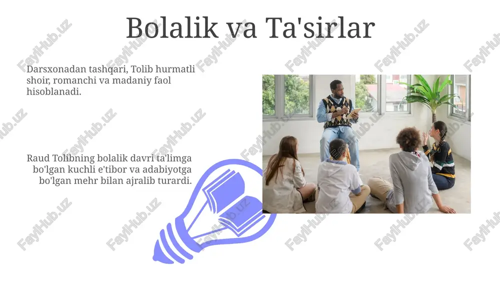 ar jamoatchilikka yo'naltirilgan ishlar va himoya qilishda faol bir nechta kitob va maqolalar muallifi. raud tolib ijodi kelajagi tolibning faoliyati san'ati bilan cheklanmaydi, jamoatchilik bilan aloqalarni va ijtimoiy o'zgarishlarni targ'ib qilish maqsadida ta'lim tashabbuslarini o'z ichiga oladi. tolibning asarlari turli xil ko'rgazmalar va galereyalarda namoyish etilgan bo'lib, kuchli tasvirlari va ijtimoiy tanqidlari uchun e'tirofga sazovor bo'lgan. raud tolib ijodining evolyutsiyasi raud tolibning yozuvi an'anaviy malay adabiyotidan zamonaviy mavzular va uslublarni o'z ichiga oladigan darajaga yetdi. u öz asarlarida jamiyatdagi muammolar, inson tabiati va identifikatsiyaning murakkabligi kabi mavzularda tadqiqot olib bordi. e'tiboringiz uchun rahmat @taqdimot_robot image4.jpg image5.jpg image6.jpg image7.jpg image8.jpg image9.jpg image10.jpg image11.jpg image12.jpg image13.jpg image14.jpg image15.jpg image16.jpg image17.jpg image18.jpg image19.jpg image20.jpg image1.jpeg image2.jpeg image3.jpeg