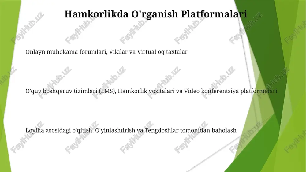 edia formatlaridan foydalanadi. video tahrir dasturlari, raqamli hikoya aytish platformalari va interaktiv o'quv platformalari kabi vositalar qiziqarli raqamli kontent yaratish va etkazishni qo'llab-quvvatlaydi. raqamli hikoya aytish, o'quvchilarni multimedia elementlari orqali jalb qiladi va shu tariqa chuqur va unutilmas o'quv tajribalarini yaratadi. amaliyot hamjamiyati va tengdosh-tengdosh o'qish hamkasblararo o'qish shaxslarga bir-birlarining bilimi va ko'nikmalaridan foydalanishga imkon beradi. amaliyot jamoasi hamkorlikdagi o'rganishni birgalikda olingan tajriba va bilim orqali rivojlantiradi. onlayn forumlar, hamkorlik loyihalari va bilim almashish platformalari kabi innovatsion vositalar va usullar o'qishni yaxshilaydi. mikro o'qitish va qisqa kontent mikro o'qitish ma'lumotlarni kichik, hazm qilish mumkin bo'lgan qismlarga bo'lib beradi. video, infografika va interaktiv viktorinalar kabi innovatsion formatlar ishtirokni oshiradi. o'quv boshqaruv tizimlari (lms) va mobil ilovalar kabi vositalar tarkibni yetkazib berishni soddalashtiradi va taraqqiyotni kuzatadi. o'quv boshqaruv tizimlari (obt) yangi shakllarga gamifikatsiya, mikroo'qitish va virtual haqiqat kiradi. video konferentsiya, onlayn testlar va hamkorlik platformalari kabi vositalar o'qishni yaxshilaydi. lms o'quv materiallarini …