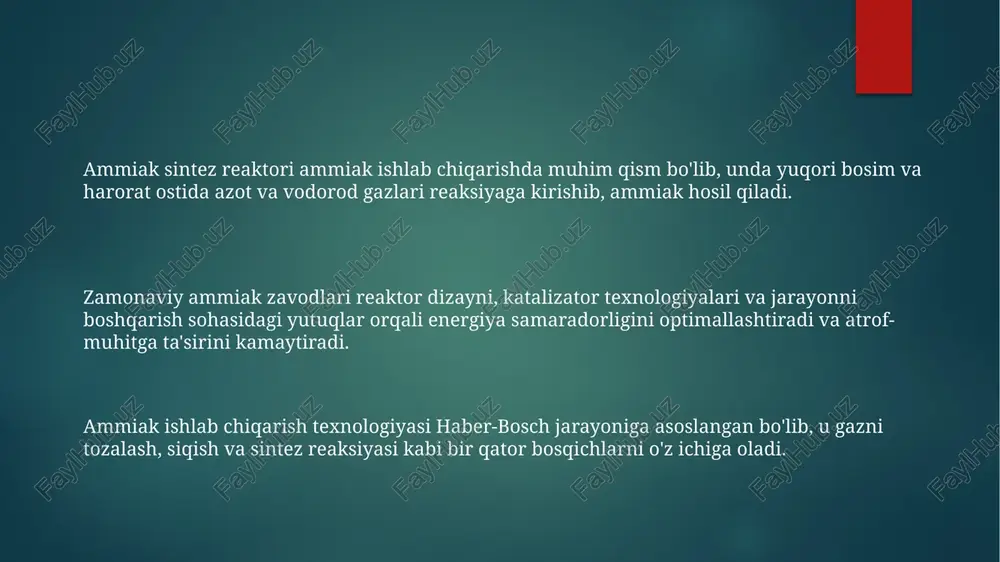 itlarning asosiy tarkibiy qismi bo'lib, qishloq xo'jaligi uchun juda muhimdir. sovuqlash: ammiak yuqori issiqlik yutish qobiliyatiga ega bo'lgani uchun samarali sovuqlashtirgich hisoblanadi. elektrolitik yo'l bilan ammiak ishlab chiqarish, haber-bosch jarayonini yanada barqaror alternativa bilan almashtirishga qaratilgan. elektroliz suvni vodorod va kislorodga ajratadi. ammiak ishlab chiqarishda haber-bosch jarayoni qo'llaniladi, bu jarayonda azot va vodorod yuqori bosim va haroratda reaksiyaga kirishadi. katalizator tanlash va loyihalash dizayn koʻrib chiqishlariga katalizator tarkibi, tayanch materiallar va samaradorlikni oshirish uchun sirt xususiyatlari kiradi. ammiak sintezida katalizator tanlash faollik, tanlanish va barqarorlikni optimallashtirishni o'z ichiga oladi. ilg'or texnologiyalar katalizator samaradorligini oshirish, energiya iste'molini kamaytirish va atrof-muhitga ta'sirini minimallashtirishga qaratilgan. haber-bosch jarayoni azot va vodorod yuqori bosim va haroratda katalizator ishtirokida reaksiyaga kirishib, ammiak hosil qiladi. haber-bosch jarayoni yuqori energiya iste'moli tufayli muhitga sezilarli ta'sir ko'rsatadi. haber-bosch jarayoni yuqori energiya iste'moli tufayli muhitga sezilarli ta'sir ko'rsatadi. kelajakda ammiak ishlab chiqarishda kuzatiladigan tendentsiyalar. ammiak ishlab chiqarishni karbonni ushlab qolish …