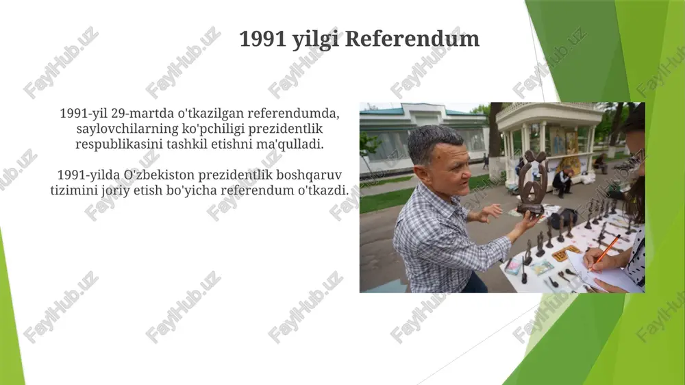o'zbekistonning birinchi prezidenti bo'lib ishlagan. parlamentning roli 2017-yilda prezidentlik instituti joriy etildi va bu yarim prezidentlik tizimiga o'tishni anglatdi. parlament qonun chiqarish va hukumat faoliyatini nazorat qilish bo'yicha mas'ul bo'lgan qonun chiqaruvchi organdir. hozirgi prezident: shavkat mirziyoyev o'zbekistonda prezidentlik instituti 1991 yilda sovet ittifoqining tarqalib ketishi ortidan joriy etilgan. shavkat mirziyoyev o'zbekistonning hozirgi prezidenti. kelajak istiqbollari va qiyinchiliklar hokimiyat konsentratsiyasi va nazorat-muvozanat bilan bog'liq potentsial muammolarni hal qilish. siyosiy barqarorlikni va milliy birlikni mustahkamlash. e'tiboringiz uchun rahmat @taqdimot_robot image1.jpg image2.jpg image3.jpg image4.jpg image5.jpg image6.jpg image7.jpg image8.jpg image9.jpg image10.jpg image11.jpg image12.jpg image13.jpg image14.jpg image15.jpg image16.jpg image17.jpg