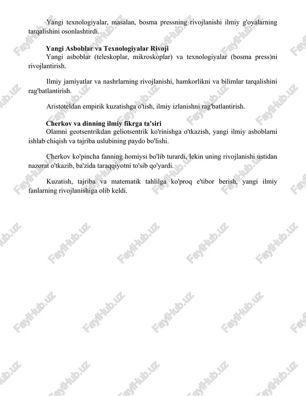 'tkazib, ba'zida taraqqiyotni to'sib qo'yardi. kuzatish, tajriba va matematik tahlilga ko'proq e'tibor berish, yangi ilmiy fanlarning rivojlanishiga olib keldi. xulosa postklassik davrda ilmiy fikrlashda paradigma o'zgarishi kuzatildi, bu falsafiy tadqiqotlardan empirik kuzatish va tajribalarga o'tishni anglatadi. ushbu davrda ilmiy jamiyatlarning paydo bo'lishi, yangi asboblar va texnologiyalarning rivojlanishi, shuningdek, fizika, kimyo va biologiya kabi asosiy ilmiy intizomlarning paydo bo'lishi kuzatildi foydalanilgan adabiyotlar 1. "ilm tarixi: qadimgi yunonlardan hozirgi kungacha" james mcclellan iii va harold dorn tomonidan (bu keng qamrovli matn ilm-fanning tarixdagi rivojlanishini, shu jumladan klassik davrdan keyingi davrni qamrab oladi.) 2