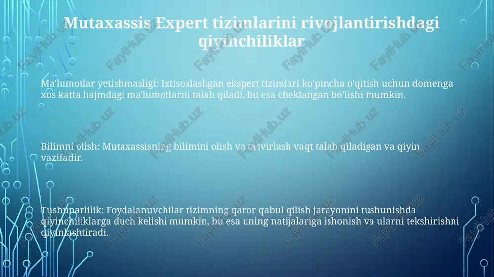shi: ekspert tizimlari ai va ml ni birlashtirib, vaqt o'tishi bilan o'rganish va moslashish qobiliyatiga ega bo'lib, aniqlik va samaradorlikni oshiradi. mutaxassislashgan ekspert tizimlari nima? ular tibbiy tashxis, moliyaviy tahlil yoki muhandislik loyihalash kabi aniq sohalar yoki tarmoqlar uchun yaratilgan. maxsus ekspert tizimlari, aniq vazifalar uchun mo'ljallangan va soha xususiyatidagi bilimlar va qoidalarni qo'llaydigan sun'iy intellekt dasturlari. bu tizimlar ko'pincha murakkab qaror qabul qilish jarayonlarini avtomatlashtirish va samaradorlikni oshirish uchun ishlatiladi. xulosa ular tibbiyot, moliya va muhandislik kabi sohalarda keng qo'llaniladi, qimmatli ma'lumotlar va qaror qabul qilishda yordam beradi. bu sistemlar o'z sohalarida murakkab muammolarni hal qilish uchun chuqur bilim bazalari va murakkab mantiqiy mexanizmlardan foydalanadilar. maxsus ekspert tizimlari muayyan vazifalar va sohalar uchun mo'ljallangan bo'lib, ko'pincha shu sohalarda inson mutaxassislaridan ustun turadi. ekspert tizimlari turlari kredit ballasi, firibgarlikni aniqlash, prognozli texnik xizmat ko'rsatish. qoida asosidagi, ramka asosidagi, holat asosidagi. * **medical diagnosis:** tibbiy tashxis * **financial analysis:** moliyaviy tahlil …