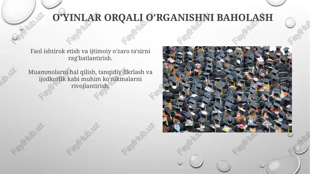 shni rag'batlantiradi. musiqa va harakat: qo'shiqlar, musiqa asboblari va raqs mashqlari ritm, muvofiqlashtirish va ijtimoiy o'zaro ta'sirni rivojlantiradi. ijobiy o'quv muhiti yaratish qiziqarli o'yinlar o'rganishni rag'batlantiradi: bloklarni yig'ish, jumboqlarni yechish va rol o'ynash kabi qiziqarli mashg'ulotlar maktabgacha yoshdagi bolalarda qiziqish uyg'otadi, ijtimoiy ko'nikmalarni rivojlantiradi va muammolarni hal qilish qobiliyatini oshiradi. ishlarni bajarishga ishonch hosil qilish: o'yinlar maktabgacha yoshdagi bolalarga xatarlarga borishga, yangi narsalarni sinab ko'rishga va qiyinchiliklarni engishga imkon beradi, bu o'z-o'zini hurmat qilishni va o'rganishga bo'lgan muhabbatni kuchaytiradi. e'tiboringiz uchun rahmat @taqdimot_robot image3.png image4.jpg image5.jpg image6.jpg image7.jpg image8.jpg image9.jpg image10.jpg image11.jpg image12.jpg image13.jpg image14.jpg image15.jpg image16.jpg image17.jpg image18.jpg image19.jpg image20.jpg image1.png
