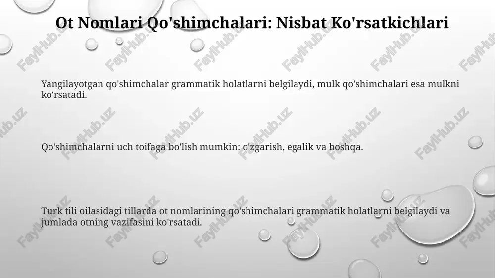 dalarini aniqlash. so'zlarga qo'shimchalar qo'shish orqali ot hosil qilish. o'zlashtirish, o'zga va o'zaro olmosh qo'shimchalari. egalik qo‘shimchalari mulkni bildiradi (masalan, "mening", "sening", "uning"). o'zini-o'ziga yo'naltirilgan harakatni ko'rsatuvchi qo'shimchalar (masalan, "o'zim", "o'zing"). o'zaro qo'shimchalar ikki yoki undan ko'p mavzu o'rtasidagi o'zaro ta'sirni bildiradi (masalan, "bir-birini", "bir-birlarini"). zamon, joy va tarzda ishlatiladigan fe'l qo'shimchalari. -ly (inglizcha): vaqt, joy yoki usulni bildiradi. -da/-da (turkcha): joy yoki vaqtni bildiradi. -cha/-che (turkcha): biror narsani qilish usuli yoki tarzi. sifat suffixlari: solishtirma va eng yuqori daraja turk tillarida egalik, joylashuv va ko'plikni bildiruvchi qo'shimchalar bor. -er, -est: ingliz tilida solishtirma va eng yuqori darajadagi sifatlarni hosil qiladi. -er, -est: ingliz tilida solishtirma va eng yuqori darajadagi sifatlarni hosil qiladi. fe'l qo'shimchalari: shaxs belgiları shaxs belgilar - bu fe'lning mavzusi yoki toʻldiruvchisi shaxsini (1-shaxs, 2-shaxs, 3-shaxs) va sonini (birlik, koʻplik) koʻrsatuvchi qoʻshimchalar. bu qo'shimchalar turkiy fe'llarning grammatik tuzilishi va ma'nosini tushunish uchun juda muhim. turk tili oilasidagi …
