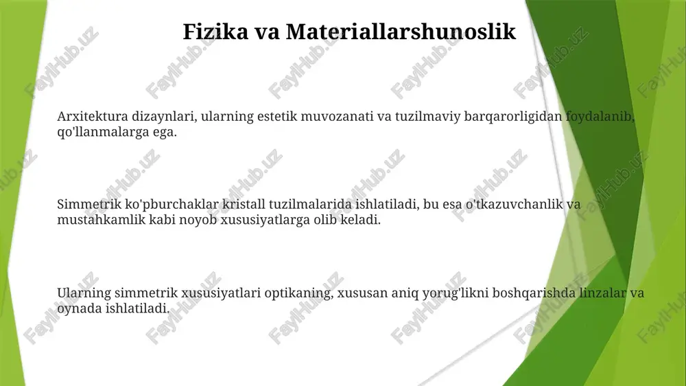 ng joylashuvida uchraydi va ularning tabiiy go'zalligi va funktsionalligini namoyish etadi. muhandislik tuzilma barqarorligi: simmetrik ko'pburchaklar, ko'priklar va binolar kabi inshootlarda muvozanatli vazn taqsimlanishi tufayli tabiiy barqarorlikni ta'minlaydi. optik qo'llanmalar: simmetrik ko'pburchaklar, masalan, linzalar va oyna, bashorat qilinadigan yorug'lik aks etish va sinish xususiyatlariga ega bo'lib, ularni optik asboblar uchun ideal qiladi. dizayn va estetika: simmetrik ko'pburchaklar vizual jihatdan jozibali va muvozanatli bo'lib, ular arxitektura, san'at va mahsulot dizaynida keng qo'llaniladi. geometriya va san'at simmetrik ko'pburchaklar san'atda muvozanatli va vizual jihatdan jozibali dizaynlar yaratish uchun ishlatiladi. rassomlar vizual qiziqish va uyg'unlik yaratish uchun aylanish yoki aks ettirish simmetriyasiga ega ko'pburchaklarni qo'llaydilar. me'moriy, to'qimachilik va bezak san'atida takrorlanadigan simmetrik naqshlar uchraydi. ma'lumotlarni siqish simmetrik ko'pburchaklar: bir-biriga teng ikki yarmiga ega bo'lgan geometrik shakllar, vizual muvozanat va estetik jozibadorlikni taqdim etadi. simmetrik ko'pburchaklarning qo'llanilishi: dizaynda (arxitektura, logotip dizayni), san'atda va ilmiy modellashtirishda (kristallografiya) qo'llaniladi. ma'lumotlarni siqish: fayl hajmini ma'lumot yo'qotishsiz qisqartiradi, bu …