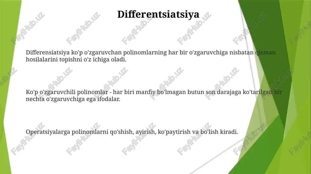 hda differentsiatsiya va integratsiyalash, qolgan o'zgaruvchilarni doimiy deb hisoblaydi. qo'shish va ayirish ko'paytirish taqsimlovchi xususiyatga ega bo'lib, bir polinomdagi har bir a'zoni ikkinchi polinomdagi har bir a'zo bilan ko'paytirishni o'z ichiga oladi. bo'lishni polinom uzun bo'lish yoki sintetik bo'lish yordamida, sonli bo'lishga o'xshash tarzda amalga oshirish mumkin. qo'shish va ayirish o'xshash a'zolarni birlashtirishni, koeffitsientlar va belgilarni hisobga olishni o'z ichiga oladi. integratsiya ko'p o'zgaruvchan polinomlarni qo'shish, ayirish, ko'paytirish va bo'lish amallari bir o'zgaruvchan polinomlarga qo'llaniladigan qoidalarga muvofiq bajariladi. bu amallar ko'p o'zgaruvchilarni o'z ichiga olgan murakkab ifodalarni manipulyatsiya qilish va soddalashtirish uchun zarur. integratsiya ko'p o'zgaruvchili polinomning antiderivativini topishni o'z ichiga oladi, ko'pincha qisman kasrlar yoki almashtirish kabi usullarni qo'llaydi. omillarga ajratish faktorlash - bu polinomni sodda polinomlarning ko'paytmasi sifatida ifodalashni anglatadi. ko'p o'zgaruvchan polinomlar ustida amalga oshiriladigan operatsiyalar qo'shish, ayirish, ko'paytirish va bo'lishni o'z ichiga oladi. evklid algoritmi va gröbner bazalari kabi usullar amallarni bajarish va faktorlash uchun ishlatiladi. …