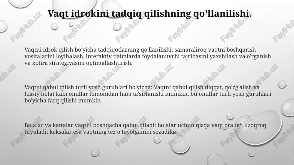odamlar vaqtni yoshroq odamlarga qaraganda tezroq o'tayotganini ko'pincha his qiladilar. bu farq, ehtimol, kognitiv funktsiyalar, miya faoliyati va hayot tajribalaridagi o'zgarishlardan kelib chiqadi. vaqtni idrok etish turli yosh guruhlarida har xil boʻladi, yoshroqlar vaqtni uzoqroq deb hisoblaydi. vaqtni idrok etish: umumiy nuqtai nazar vaqtni qabul qilish diqqat, his-tuyg'u va yosh kabi omillar ta'sirida bo'ladi. bolalar vaqtni kattalarga qaraganda boshqacha idrok qiladilar, ularning vaqt birliklari qisqaroq. madaniy omillar yosh avlodlar vaqtni ko'proq suyuq va kamroq chiziqli deb hisoblashadi, darhol qoniqish va ko'p vazifalarni bajarishni qadrlaydilar. madaniy normalar va jamiyat qadriyatlari har bir yosh guruhining vaqtni qanday boshdan kechirishi va qadrlashiga ta'sir qiladi, bu ularning ustuvorliklari va xatti-harakatlariga ta'sir qiladi. katta avlodlar vaqtni ko'proq chiziqli va tuzilgan deb hisoblab, an'ana, tarix va uzoq muddatli rejalashtirishga e'tibor qaratadi. vaqtni idrok etish va his-tuyg'u vaqtni idrok etish hayot davomida o'zgaradi, bolalar vaqtni sekinroq, keksa yoshdagi odamlar esa tezroq idrok etadilar. har xil yosh guruhlari …