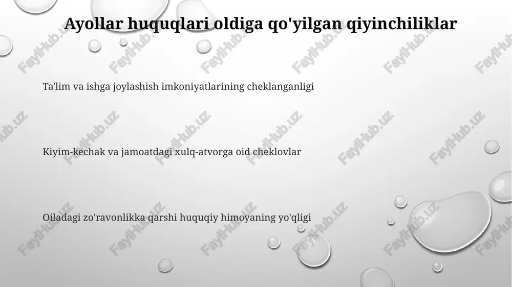 sodiy imkoniyatlar chechen qonunchilikdagi ayollar huquqlari odatda rossiya federatsiyasi qonunchiligiga mos keladi, lekin madaniy amaliyot va talqinlar qiyinchiliklar tug'dirishi mumkin. chechen respublikasida ayollar uchun ish va iqtisodiy imkoniyatlar cheklangan, an'anaviy jins rollari ustunlik qiladi. ta'lim va sog'liqni saqlashga kirish mumkin, lekin ayollar siyosiy va jamoat hayotida qatnashishi cheklangan. e'tiboringiz uchun rahmat @taqdimot_robot image1.png image2.png image3.png
