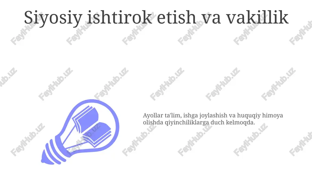 inchiliklarga duch kelmoqdalar. sales 1st qtr 2nd qtr 100 0 sales 1st qtr 2nd qtr 100 0 sales 1st qtr 2nd qtr 100 0 xulosa va tavsiyalar ta'lim, ishga joylashish va harakat erkinligiga cheklangan kirish imkoniyatlari tashvishli masalalar qatorida. tavsiyalar qonuniy asoslarni mustahkamlash, ayollar ta'limini rivojlantirish va kamsitish amaliyotlarini bartaraf etishni o'z ichiga oladi. e'tiboringiz uchun rahmat @taqdimot_robot image1.jpeg image2.jpeg image3.jpeg