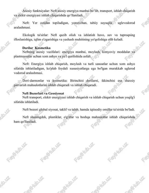 armonlar va kosmetika: birinchisi dorilarni, ikkinchisi esa shaxsiy parvarish mahsulotlarini ishlab chiqaradi va ishlab chiqaradi. neft bozorlari va geosiyosat neft transport, elektr energiyasi ishlab chiqarish va ishlab chiqarish uchun yoqilg'i sifatida ishlatiladi. neft bozori global siyosat, taklif va talab, hamda iqtisodiy omillar ta'sirida bo'ladi. neft shuningdek, plastiklar, o'g'itlar va boshqa mahsulotlar ishlab chiqarishda ham qo'llaniladi. xulosa neft - zamonaviy dunyomizda transportni harakatga keltirish, elektr energiyasi ishlab chiqarish va turli sanoat tarmoqlarini yoqilg'i bilan ta'minlashda muhim rol o'ynaydigan muhim resurs. bu energiyaning asosiy manbai bo'lib, mashinalarni moylash va plastiklar va boshqa mahsulotlar uchun xom ashyo beradi foydalanilgan adabiyotlar here are the translated book titles in uzbek using latin script: 1. **"neft" by james g. speight, nashr etilgan elsevier, 2014.** 2. **"neftning kimyosi va texnologiyasi" by james g. speight, nashr etilgan crc press, 2019.** 3