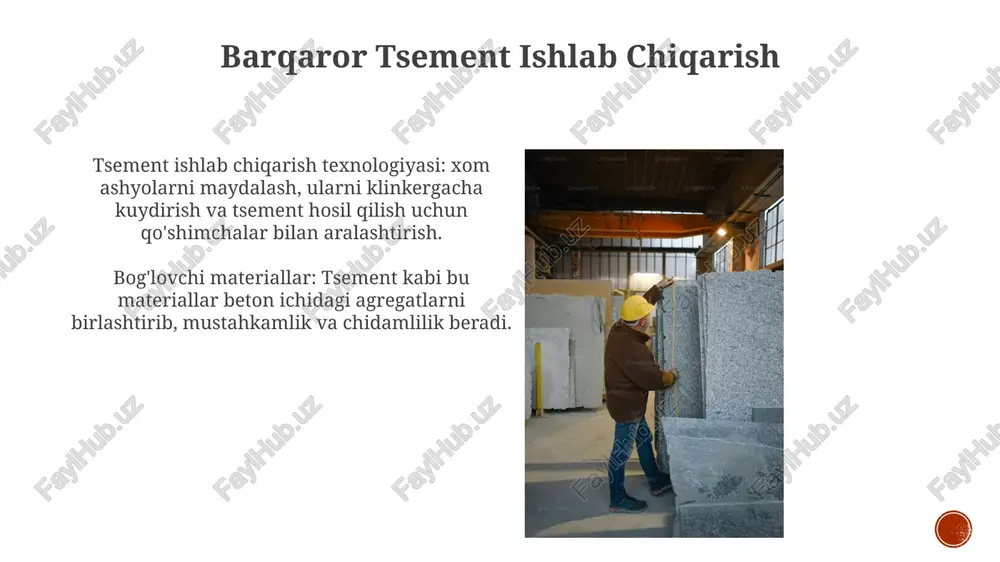 ting. xulosa tsement ishlab chiqarish texnologiyasi: xom ashyo tayyorlash, klinker yoqish va maydalashni o'z ichiga oladigan tsement ishlab chiqarish jarayonlari. bog'lovchi materiallar: tsement kabi materiallarni bir-biriga bog'laydigan moddalar. bog'lash materiallari turlari tsement, ohak, gips, asfalt - gidravlik - organik - bitumli tsementning xossalari bog'lovchi materiallar: gidratatsiya, kimyoviy reaksiya, qattiq xamir hosil bo'lishi. xususiyatlar: mustahkamlik, ishlov berish qobiliyati, qotish vaqti, chidamlilik. e'tiboringiz uchun rahmat @taqdimot_robot image4.jpg image5.jpg image6.jpg image7.jpg image8.jpg image9.jpg image10.jpg image11.jpg image12.jpg image13.jpg image14.jpg image15.jpg image16.jpg image17.jpg image18.jpg image19.jpg image20.jpg image1.png image2.png image3.png