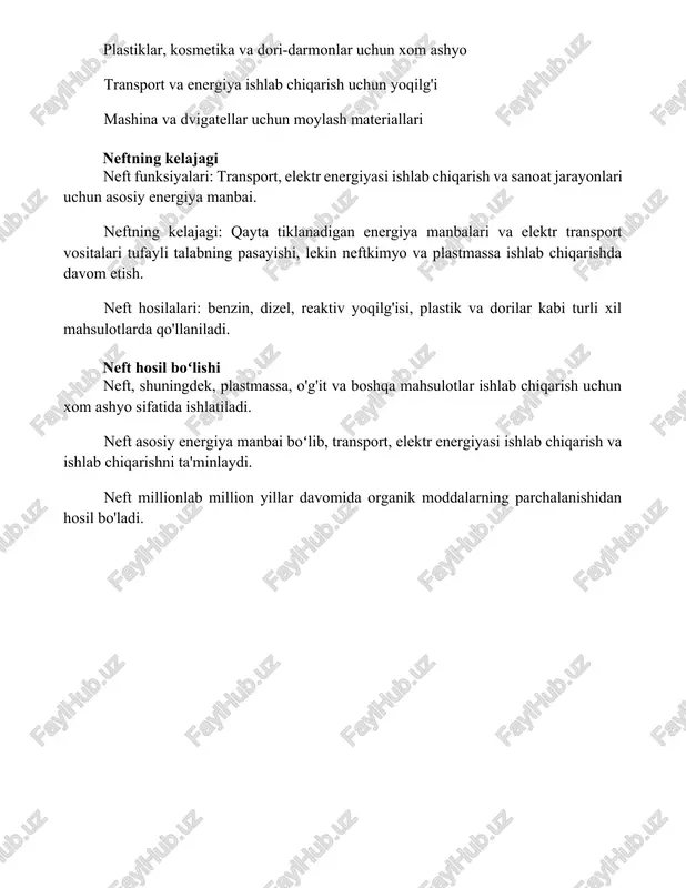 naydi, transport vositalarimizni harakatga keltiradi, elektr energiyasi ishlab chiqaradi va ko'plab mahsulotlar uchun xom ashyo bo'lib xizmat qiladi foydalanilgan adabiyotlar 1. "neft" jeyms g. speight tomonidan yozilgan (2014). crc press. ushbu kitob neft, uning xossalari va turli xil foydalanish imkoniyatlari haqida batafsil ma'lumot beradi. 2. "yog'lar va yog'lar kimyosi" f. d. gunstone, j. l. harwood va a. j
