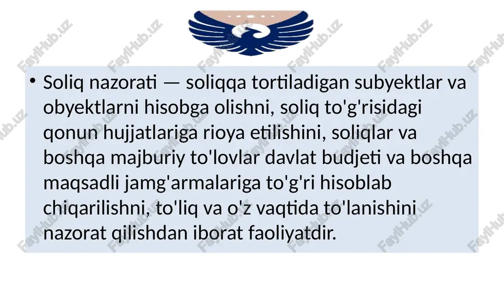 jismoniy shaxsning hisobvarag‘i yoki omonati (depoziti) ochilganligi (yopilganligi), hisobvarag‘i yoki omonati (depoziti) rekvizitlarining o‘zgartirilganligi to‘g‘risidagi axborotni tegishli hodisa ro‘y bergan kundan e’tiboran uch kun ichida elektron shaklda, o‘zi joylashgan yerdagi soliq organiga ma’lum qilishi shart. soliq to’lovchi tomonidan soliqqa oid huquqbuzarliklar sodir etilganda soliq organing so‘roviga binoan bank yozma so‘rov olingan kundan e’tiboran uch kun ichida soliq organlariga quyidagilarni berishi shart. 1) mijozning bankda hisobvaraqlari va omonatlari (depozitlari) mavjudligi to‘g‘risidagi ma’lumotlarni. 2) mijozning hisobvaraqlari va omonatlaridagi (depozitlaridagi) pul mablag‘larining qoldiqlari haqidagi ma’lumotlarni; 3) mijozning hisobvaraqlaridagi operatsiyalarga hamda omonatlariga (depozitl.ariga) doir ko‘chirmalarni 4) soliq to‘lovchining soliq majburiyatlarini bajarishi bilan bog‘liq boshqa ma’lumotlarni. 13 soliq nazoratining shakllari. 1) soliq tekshiruvlari; 2) soliq monitoringi; soliq tekshiruvlari. soliq tekshiruvlari quidagi maqsadda o’tkaziladi - soliq to‘lovchilar, yig‘imlarni to‘lovchilar va soliq agentlari tomonidan soliq to‘g‘risidagi qonunchilikka rioya etilishi ustidan nazorat qilish. soliq tekshiruvlarining quidagi uchta turi mavjud; 1) kameral soliq tekshiruvi. 2) sayyor soliq tekshiruvi. 3) …
