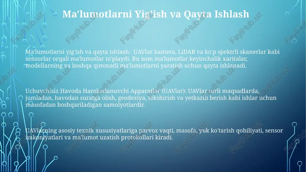ladi. texnik xususiyatlari: asosiy xususiyatlarga uchish vaqti, masofa, yuk ko‘tarish hajmi, sensorlar (kamera, lidar va boshqalar) va aloqa tezligi kiradi. xavfsizlik va himoya: uavlar qat'iy xavfsizlik standartlariga, jumladan tizimlarda ortiqchalik, to'qnashuvga qarshi texnologiya va xavfsiz aloqa protokollariga javob berishi kerak. samolyot korpusi: hujayraviy tizim, propulsiya tizimi, yuk va avionika kabi muhim qismlarni o'z ichiga oladi. harakat tizimi: motorlar, pervaneler/rotorlar va yoqilg'i tizimlarini o'z ichiga olib, ko'tarish va tortish kuchi ta'minlaydi. aviyonika: boshqaruv, navigatsiya, aloqa va ma'lumotlarni qayta ishlash uchun elektron tizimlar. yetkazib berish va logistika: uavlar tovar yetkazib berish, tibbiy buyumlar va boshqa logistika vazifalari uchun tobora ko'proq ishlatilmoqda, bu esa qiyin sharoitlarda samaradorlik va kirish imkoniyatini ta'minlaydi. kuzatish, xarita chizish va tekshirish: uavlar ushbu sohalarda xavfsizlikni kuzatish, infratuzilmani tekshirish va atrof-muhitni monitoring qilish kabi ko'p qirrali qo'llanmalarni taklif etadi. qishloq xo'jaligi va aniq dehqonchilik: uavlar hosilni kuzatish, kasalliklarni aniqlash va o'g'itlar va pestitsidlarni aniq qo'llash uchun yuqori aniqlikdagi tasvirlarni …