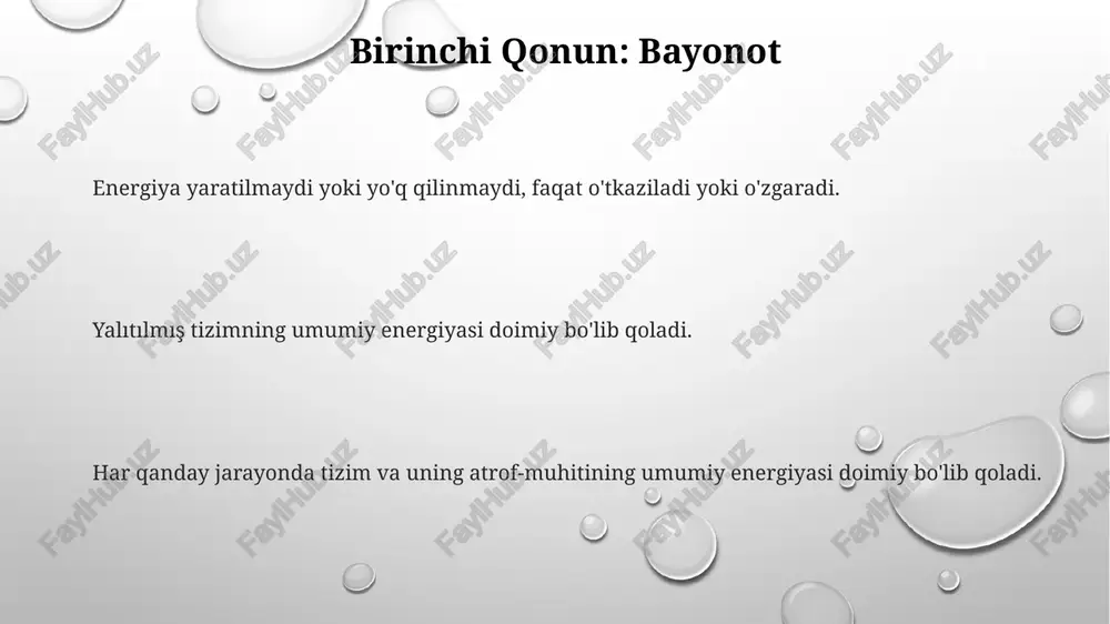rish: fizik tizimlardagi energiya o'zgarishlarini o'rganish. ilovalar: issiqlik dvigatellari qanday ishlaydi va energiya konvertatsiyasining chegaralari haqida tushuntiradi. energiya yaratilmaydi yoki yo'q qilinmaydi, faqatgina o'zgaradi. belgilar konvensiyalari ichki energiya o'zgarishi δu, qoshilgan issiqlik miqdori q va bajarilgan ish w bilan bog'liq bo'lib, quyidagi formula bilan ifodalanadi: δu = q - w. sistemaga qo'shilgan issiqlik musbat, olib tashlangan issiqlik manfiy. sistema tomonidan bajarilgan ish musbat, sistemaga bajarilgan ish manfiy. sistemaga qo'shilgan issiqlik musbat, olib tashlangan issiqlik manfiy. sistema tomonidan bajarilgan ish musbat, sistemaga bajarilgan ish manfiy. issiqlik sig'imi issiqlik sig'imi: bir gramm moddaning haroratini bir daraja selsiyga ko'tarish uchun zarur bo'lgan issiqlik miqdori. termodinamikaning birinchi qonuni: energiya yaratilmaydi yoki yo'q qilinmaydi, faqat o'tkaziladi yoki o'zgaradi. o'ziga xos issiqlik sig'imi va birinchi qonun: o'ziga xos issiqlik sig'imi - bu moddaning haroratini o'zgartirish uchun qancha energiya kerakligini aniqlaydigan xususiyat bo'lib, u to'g'ridan-to'g'ri termodinamikaning birinchi qonuniga bog'liq. issiqlik sig'imi izolyatsiya qilingan tizimning umumiy energiyasi doimiy …