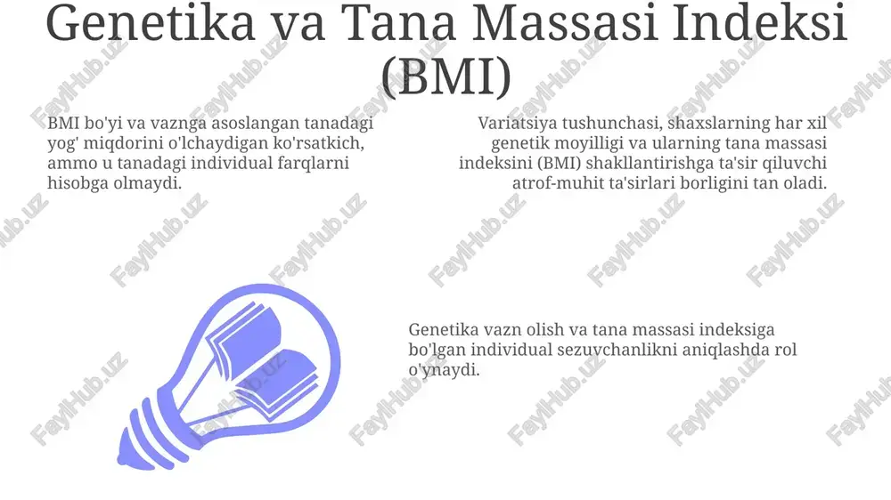 t add text add text add text add text xulosa: asosiy topilmalar va ularning natijalarini umumlashtiradi, ko'pincha tadqiqot savoliga yoki gipotezaga javob beradi. variantsiya tushunchasi: aholining yoki ma'lumotlar to'plamining ichidagi shaxslar o'rtasidagi farqlarni yoki og'ishlarni anglatadi, aholi tendentsiyalari va sog'liqni saqlash natijalarini tushunish uchun muhimdir. tananing massasi indeksi ko'rsatkichlari: shaxsning vaznini bo'yi bilan solishtirib o'lchaydi, vazn holatini aniqlash uchun ishlatiladi (ortiqcha vaznli, sog'lom vaznli, semiz). tanani mass indeksiga ta'sir etuvchi omillar 01 02 03 genetika: oila tarixi va irsiy xususiyatlar tananing tuzilishi va vazn olishga moyillikda muhim rol o'ynaydi. atrof-muhit: sog'lom ovqatlarga kirish imkoniyati, jismoniy faoliyat uchun imkoniyatlar va tana tasviri bilan bog'liq ijtimoiy va madaniy me'yorlar bmi o'zgarishiga hissa qo'shadi. turmush tarzi: oziq-ovqat tanlovi, jismoniy faollik darajasi, uyqu tartibi va stressni boshqarish bmi ga sezilarli darajada ta'sir qiladi. sales 1st qtr 2nd qtr 100 0 sales 1st qtr 2nd qtr 100 0 sales 1st qtr 2nd qtr 100 0 …