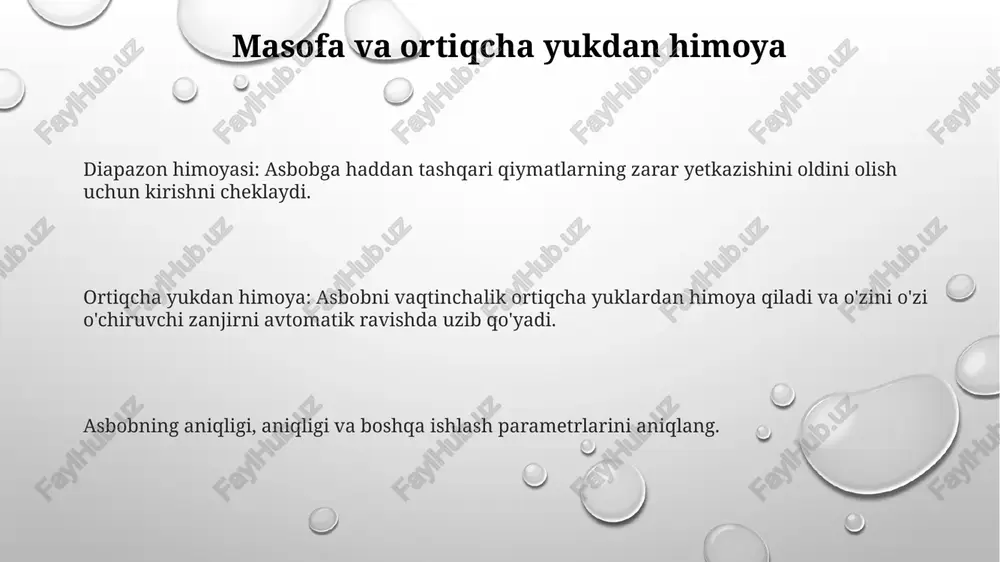 i: kalibrlash xatoliklari, chiziqlilik, gisterezis, dreyf va aniqlik o'lchov noaniqligiga hissa qo'shadi. noaniqlik tahlili metrik xususiyatlar: asbobning aniqligi, aniqligi, chiziqliligi, barqarorligi va boshqa ishlash jihatlarini aniqlang. noaniqlik tahlili: o'lchov uchun mumkin bo'lgan qiymatlar diapazonini, xatoliklar va cheklovlarni hisobga olgan holda aniqlaydi. elektr o'lchov asboblari: voltaj, tok, qarshilik va quvvat kabi elektr miqdorlarini o'lchash uchun ishlatiladigan qurilmalar. e'tiboringiz uchun rahmat @taqdimot_robot image1.png image2.png image3.png