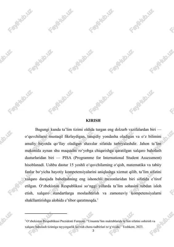 samarali vosita bo‘lib xizmat qiladi. adabiyot fanida pisa materiallaridan foydalanishning dolzarbligi shundaki, u ta’lim sifatini oshiradi, o‘quvchilarning matnni tushunish va tahlil qilish ko‘nikmalarini shakllantiradi, dars jarayonini interaktiv va natijaviy qiladi, shuningdek, o‘quvchilarning bilimini xalqaro ta’lim standartlari bilan solishtirish imkonini beradi. pisa materiallari o‘quvchilarning tanqidiy fikrlashini rivojlantirishga, matnning asosiy g‘oyasini ajratib ko‘rsatish va muallif fikrini baholash ko‘nikmalarini shakllantirishga yordam beradi, bilimlarni real hayotiy vaziyatlarda qo‘llash orqali ularning amaliy ko‘nikmalarini mustahkamlaydi. nazardan, adabiyot darslarida pisa xalqaro dasturi materiallaridan foydalanish mavzusi nafaqat ilmiy, balki amaliy jihatdan ham dolzarb bo‘lib, o‘quvchilarning zamonaviy kompetensiyalarini rivojlantirish va ta’lim sifatini oshirishga xizmat qiladi. kurs ishining ahamiyati adabiyot darslarida pisa xalqaro dasturi materiallaridan foydalanishning ahamiyati ko‘p qirrali bo‘lib, nafaqat o‘quvchilarning bilim darajasini oshirish, balki ularning tanqidiy fikrlash, matnni chuqur tushunish va amaliy ko‘nikmalarini rivojlantirishga xizmat qiladi. pisa materiallari o‘quvchilarga turli janr va mavzudagi matnlarni tahlil qilish, asosiy g‘oyani ajratib ko‘rsatish va muallif fikrini baholash imkonini beradi, bu esa …