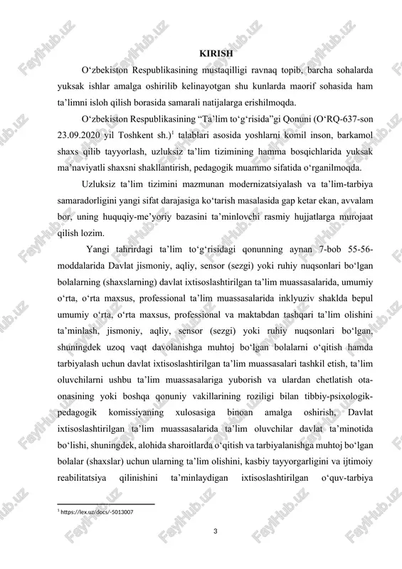 ma’naviy jihatdan mukammal qilib tarbiyalash, kamolini ko‘rish, ota-onasiga, vataniga sadoqatli kishilar etib voyaga yetkazishdan iboratdir. ayni paytda jahonda nuqsonli bolalarning zamonaviy jamiyatga moslashishi, ijtimoiylashuvini samarali amalga oshirish, ularni qo‘llab-quvvatlashga yo‘naltirilgan multimedia vositalarini yaratish, inklyuziv ta’limiga muhtoj bolalarni o’qitish jarayonida differensiallashgan ta’limni tashkil etishning pedagogik mexanizmlarini takomillashtirish dolzarb ahamiyat kasb etmoqda. respublikamizda ta’lim-tarbiya tizimini yanada takomillashtirish, zamon talablari bilan uyg‘unlashtirish asosida jahon andozalari darajasiga olib chiqish borasidagi ishlarni inkyuziv ta’lim olayotgan bolalarning alohida xususiyatlarini e’tiborga olgan holda tashkil etish va ularga amaliy pedagogik yordam ko‘rsatishning samarali amalga oshirilayotganida ko‘rish mumkin. o‘zbekiston respublikasini yanada rivojlantirish bo‘yicha harakatlar strategiyasida[footnoteref:3] uzluksiz ta’lim tizimini takomillashtirish yo‘lini davom ettirish, ilmiy va innovatsiya yutuqlarini amaliyotga joriy etishning samarali mexanizmlarini yaratish ustuvor yo‘nalishlar sifatida belgilanishi natijasida ta’lim tizimining moddiy-texnik bazasini mustahkamlash, ta’lim-tarbiya jarayoniga zamonaviy dasturlar va texnologiyalarni tatbiq qilish, to‘laqonli hayot faoliyatini ta’minlash uchun ularga tibbiy-ijtimoiy, pedagogik-psixologik yordam ko‘rsatish tizimini rivojlantirish va takomillashtirish ishlari keng ko‘lamda olib borilmoqda. …