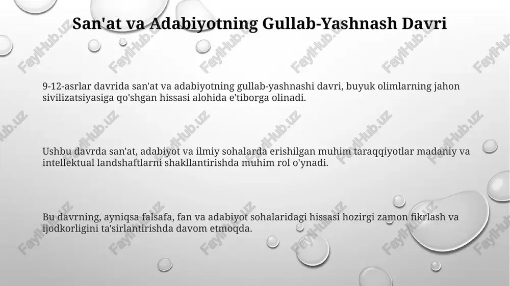 li va madaniyatining gullab-yashnash davrida qadimgi yunon matnlarining tarjimalari va moslashtirilishi amalga oshirildi, bu bilimni saqlab qolish va intellektual taraqqiyotni rag'batlantirishga olib keldi. e'tiboringiz uchun rahmat @taqdimot_robot image1.png image2.png image3.png
