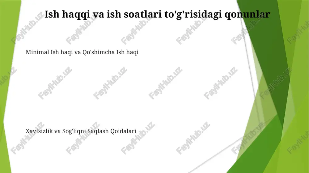 ri ish joyida ta'qib qilishni taqiqlaydi va ish beruvchilar buni oldini olish va bartaraf etish majburiyatini o'z zimmasiga oladi. mos hisobot berish mehnat qonunchiligi bajarilishini nazorat qilish va buzilish holatlarini bartaraf etish. ish shartnomalari va xodim huquqlarini tartibga soluvchi huquqiy munosabatlar. ish shartnomalari va xodim huquqlarini tartibga soluvchi huquqiy munosabatlar. oila va tibbiy ruxsatnoma mehnat huquqi shartnomalar, kamsitish, ish haqi va ish joyining xavfsizligi kabi mavzularni o'z ichiga oladi. oila va tibbiy ruxsatnoma to'g'risidagi qonun ba'zi oilaviy va tibbiy sabablarga ko'ra muayyan xodimlarga ish joyini saqlab qolish bilan birga, haq to'lanmagan ta'til berishni ta'minlaydi. mehnat huquqi ishchilar huquqlari, jamoaviy muzokaralar va ishchilarni himoya qilish qoidalari bajarilishini ta'minlashga qaratilgan. xodim huquqlari ish joyida adolatli muomala qilish va ekspluatatsiyani oldini olish. ishchilarni huquqiy himoya qilish va mehnat qonunchiligini nazorat qilish. ish beruvchi va xodim o'rtasidagi huquqiy munosabatlar. kasaba uyushmalari kasaba uyushmalari ishchilarni adolatsiz mehnat amaliyoti va ish joyidagi kamsitishdan himoya qiladi. kasaba …