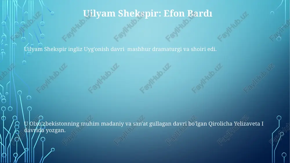 b-yashnagan, bu madaniy va intellektual taraqqiyot, shu jumladan shekspir bilan ajralib turardi. yelizaveta i ning hukmronligi angliyani barqarorlashtirdi, tadqiqotlarni rag'batlantirdi va adabiyot va san'atning oltin davrini yaratdi. reformatsiya katolik cherkovining hukmronligini shubha ostiga qo'ydi, bu angliya cherkovining tashkil topishiga va diniy tartibsizliklarga olib keldi. yelizaveta davrining diniy muhiti yelizaveta davri nisbiy barqarorlik va farovonlik bilan ajralib turdi, bu madaniy va iqtisodiy o'sish davrini yaratdi. elisabet hukmronligi davrida, insonparvarlik va klassik bilimga e'tibor qaratib, uyg'onish davri gullab-yashnadi, san'at, adabiyot va intellektual fikrga ta'sir ko'rsatdi. yelizaveta katoliklik va protestantlik o'rtasida diniy kelishuvga erishishga harakat qilib, angliya cherkovini tashkil qildi. tudor sulolasi: uyg'onish davri uchun asos tudor sulolasi ingliz uyg'onish davri uchun zamin yaratdi, bu madaniy va intellektual gullab-yashnash bilan tavsiflanadi. ingliz uyg'onishi san'at, adabiyot va fan sohalarida sezilarli taraqqiyot davri bo'lgan. qirolicha yelizaveta i ning hukmronligi (1558-1603) angliya uchun oltin davrni belgilaydi, shu jumladan uilyam shekspir va kristofer marlou kabi taniqli shaxslar. …