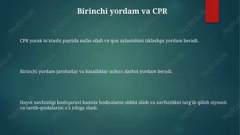 ulodda vaziyatlarda binodan odamlarni xavfsiz evakuatsiya qilishni ta'minlaydigan tizimlar va protseduralar. yong'in xavfsizligi va hayot xavfsizligini boshqarish: yong'in xavfini minimallashtirish va binoda yashovchilarning xavfsiz evakuatsiyasini ta'minlashga qaratilgan o'zaro bog'liq sohalar. yong'in xavfsizligi: hayot va mulkni himoya qilish uchun yong'in xavflarini oldini olish va kamaytirish. e'tiboringiz uchun rahmat @taqdimot_robot image1.png image2.png image3.png image4.png image5.png image6.png image7.png image8.png image9.png image10.png