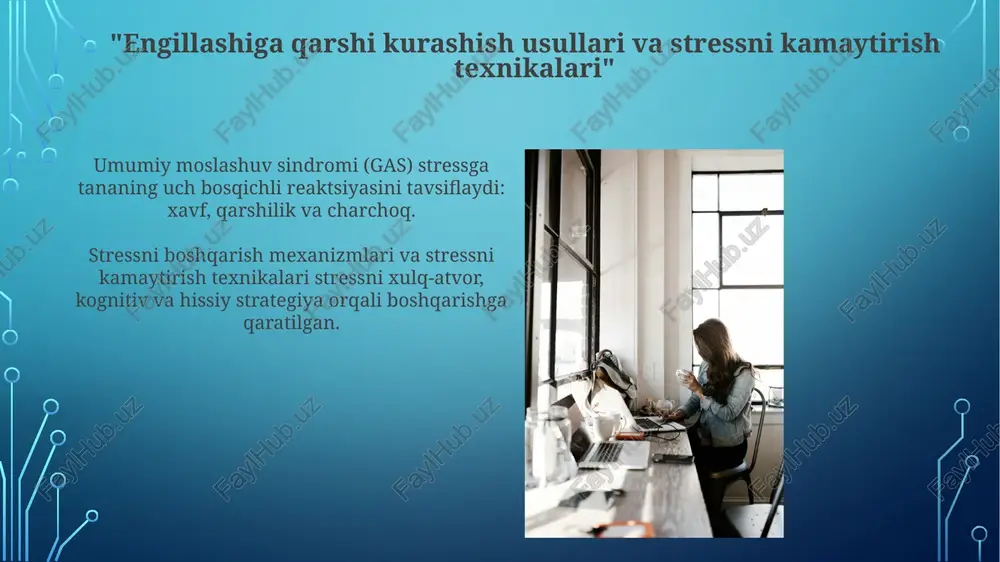 oimiy stress tashvish, depressiya va ishdan charchoq kabi ruhiy salomatlik muammolariga olib kelishi mumkin. uzoq muddatli stress yurak-qon tomir kasalliklari, yuqori qon bosimi va ovqat hazm qilish muammolari paydo boʻlishiga olib kelishi mumkin. gasdagi fiziologik javoblar charchoq bosqichi: tananing resurslari tugab, charchoq, kasallik va hatto stress davom etsa o'limga olib kelishi mumkin. xavotir bosqichi: yurak urish tezligi, qon bosimi va nafas olish tezligi ortadi. adrenalin va kortizol ajralib chiqadi. hayot tarzi omillari va gas surunkali stress omillari: moliyavi muammolar, munosabatlardagi nizolar yoki og'ir ish kabi doimiy talablar uzoq muddatli gasga olib kelishi mumkin. e'tiboringiz uchun rahmat @taqdimot_robot image3.jpg image4.jpg image5.jpg image6.jpg image7.jpg image8.jpg image9.jpg image10.jpg image11.jpg image12.jpg image13.jpg image14.jpg image15.jpg image16.jpg image17.jpg image18.jpg image19.jpg image2.png