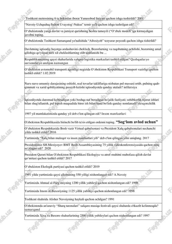 lanishi mumkin? 35 necha yoshga to'lgan fuqarolar oliy majlisga saylanishi mumkin? 25 necha toshga to'lgan fuqarolar viloyat, tuman, shahar kengashlariga deputatlikka saylanishi mumkin? 21 “o'zbekiston havo yo'llari” milliy aviakompaniyasi qachon tashkil etiladi? 1992 toshkent metrosining 6 ta bekatdan iborat yunusobod liniyasi qachon ishga tushirildi? 2001 “navoiy-uchquduq-sulton uvaystog'-nukus” temir yo'li qachon ishga tushrilgan edi? o‘zbekistonda yangi davlat va jamiyat qurishning beshta tamoyili (“o‘zbek modeli”)ga kirmaydigan javobni toping. o‘zbekistonda toshkent-samarqand yo'nalishida “afrosiyob” tezyurar poyezdi qachon ishga tishirildi? davlatning iqtisodiy hayotga aralashuvini cheklash. bozorlarning va raqobatning ochilishi, bozorning amal qilishiga qo'yilgan turli xil cheklashlarning olib tashlanishi bu ... respublikamizning qaysi shaharlarida xalqaro logistika markazlari tashkil etilgan? qashqadaryo surxondaryo andijon namangan o‘zbekiston avtomobil transporti agentligi negizida o‘zbekiston respublikasi transport vazirligi qachon tashkil etildi? 1.02.2019 narx-navo umumiy darajasining oshishi, real tovarlar takliflariga nisbatan pul massasi ortib, pulning qadr- qimmati va xarid qobiliyatining pasayib ketishi iqtisodiyotda qanday ataladi? infilatsiya iqtisodiyotda daromad keltiradigan yoki boshqa naf beradigan …