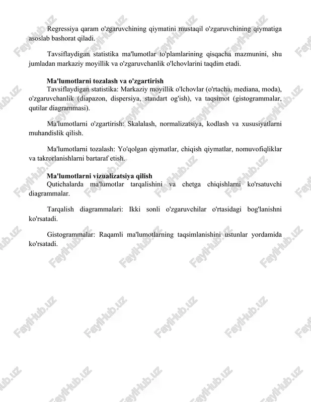 ish. ma'lumotlarni vizualizatsiya qilish qutichalarda ma'lumotlar tarqalishini va chetga chiqishlarni ko'rsatuvchi diagrammalar. tarqalish diagrammalari: ikki sonli o'zgaruvchilar o'rtasidagi bog'lanishni ko'rsatadi. gistogrammalar: raqamli ma'lumotlarning taqsimlanishini ustunlar yordamida ko'rsatadi. xulosa tavsifli statistika ma'lumotlarni umumlashtirish va tushunish uchun muhim vositalardir. markaziy moyillik, o'zgaruvchanlik va tarqatish o'lchovlaridan foydalanib, ma'lumotlar to'plamlari haqida qimmatli ma'lumotlarga ega bo'lamiz, bu bizga oqilona qarorlar qabul qilish va natijalarni samarali ravishda etkazish imkonini beradi. foydalanilgan adabiyotlar here are the translations of your provided book descriptions into uzbek using the latin alphabet: **1.** moore, d. s., mccabe, g. p., craig, b. a. (2019). introduction to the practice of statistics. w. h. freeman and company
