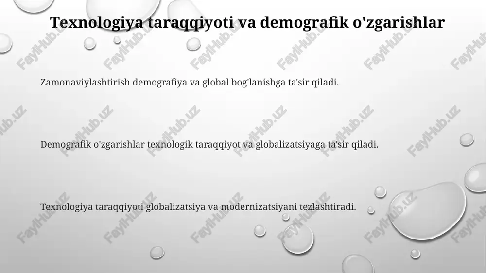 lobalizatsiya tufayli migratsiya yo'nalishlari o'zgarib, qishloqdan shaharga va xalqaro chegaralar orqali o'tmoqda. zamonaviylashtirish demografik o'zgarishlarni, tug'ilish, o'lim va aholining qarishini ta'sir qiladi. globalizatsiya xalqlarni migratsiya va savdo orqali bir-biriga bog'lab, demografiya va madaniy almashinuvga ta'sir qiladi. iqtisodiy rivojlanish va demografik dinamika zamonaviylashtirish va globalizatsiya: zamonaviylashtirish va globalizatsiya demografik o'zgarishlarga, shu jumladan shaharlashuv, ta'lim va sog'liqni saqlash natijalariga olib keladi. demografik trendlar: tug'ilish darajalari, o'lim darajalari va o'rtacha umr ko'rish muddatidagi o'zgarishlar iqtisodiy o'sishga, mehnat bozorlariga va ijtimoiy tuzilmalarga ta'sir qiladi. iqtisodiy rivojlanish va demografik dinamika: aholining o'sishi, yosh tuzilishi va migratsiya naqshlari iqtisodiy rivojlanishga ta'sir qiladi. zamonaviy va globallashgan demografiyaning qiyinchiliklari va imkoniyatlari zamonaviylashtirish va globalizatsiya: texnologiya, shaharlashuv va bir-biriga bog'langan iqtisodiyotlar tomonidan boshqariladigan demografik o'zgarishlar. qiyinchiliklar: qariyb aholi, migratsiya bosimi, resurslar yetishmasligi, ijtimoiy tengsizlik. imkoniyatlar: innovatsiya, xilma-xil iste'dodlar havuzasi, global hamkorlik, barqaror rivojlanish. hukumat siyosatining demografik shakllanishdagi roli. siyosatlar ta'lim va texnologiyalarga investitsiya orqali modernizatsiyani rag'batlantirishi mumkin. hukumati siyosatlar …
