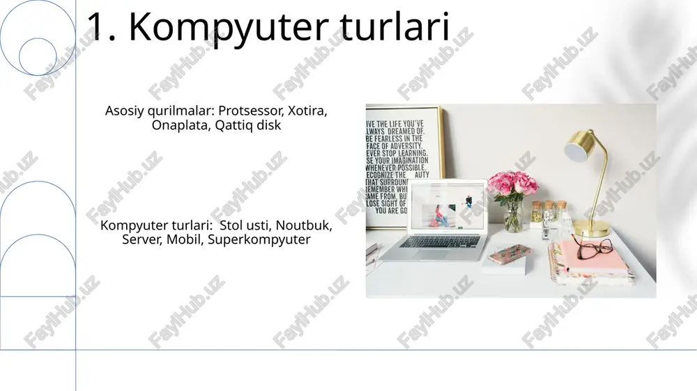 i qurilmalar klaviatura, sichqoncha, monitor va printerni o'z ichiga oladi. 17.monitor monitor: kompyuterdan chiquvchi ma'lumotlarni ko'rsatadi. asosiy qurilmalar: protsessor, operativ xotira, ona karta - asosiy funksiyalari. e'tiboringiz uchun rahmat @taqdimot_robot image1.png image2.jpg image3.jpg image4.jpg image5.jpg image6.jpg image7.jpg image8.jpg image9.jpg image10.jpg image11.jpg image12.jpg image13.jpg image14.jpg image15.jpg image16.jpg image17.jpg image18.jpg