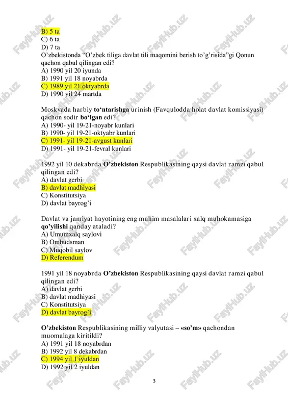 bekiston respublikasi konstitutsiyasiga qanday o‘zgartirish kiritiladi? + referendum orqali oliy majlis yig‘ilishida senat yig‘ilishida oliy kengash yig‘ilishida davlat hokimiyati necha bo‘g‘inga bo‘linadi? a) 1 b) 2 c) 3 d) 4 o‘zbekiston milliy taraqqiyot yo‘li bu – a) bozor munosabatlariga asoslangan huquqiy demokratik davlat qurish b) o‘z milliy xususiyatlarini saqlab qolish c) jahon bozoriga chiqish d) ijtimoiy himoyani mustahkamlash o‘zbekstonning mustaqil taraqqiyot yo‘li bugungi kunda nima deb nomlanadi? a) o‘zbek modeli b) bozor iqtisodiyoti c) demokratik jamiyat d) konstitutsiyaning ustivorligi 5 “o‘zbek modeli” nechta tamoyil asosida joriy etilgan? a) 3 b) 6 c) 5 d) 7 taraqqiyotning “o‘zbek modeli” ning asoschisi – a) m.s.gorbachev b) r.nishonov c) v.elsin d) i.a.karimov taraqqiyotning “o‘zbek modeli” qaysi yili ilgari surilgan? a) 1996 yilda b) 1990 yilda c) 1992 yilda d) 1991 yilda mustaqil o’zbekiston respublikasida ikkinchi prezidentlik saylovlari qachon bo’lib o’tgan edi? a) 1991-yil 29-dekabrda b) 2000-yil 9-yanvarda c) 2007-yil 23-dekabrda c) 2015-yil 29-martda …