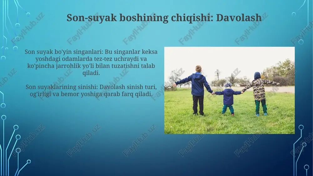ni o'z ichiga oladi. reabilitatsiya va tiklanish femur bo'yin singishi: bu son suyagining yuqori qismida, ko'pincha yiqilish natijasida ro'y beradi va asoratlarga olib kelishi mumkin. son suyak boshining chiqishi: bu son bo'g'imining sharsimon bo'g'imiga ta'sir qiladi va darhol tibbiy yordamni talab qiladi. son suyagi anatomiyasi va vazifasi femur tananing eng uzun va eng kuchli suyak bo'lib, vaznni ko'taradi va harakatni ta'minlaydi. oyoq bo'yni sinishi keng tarqalgan, ko'pincha yiqilish tufayli yuz beradi. oyoq boshining chiqishi og'ir jarohat bo'lib, qon ta'minotini buzishi, og'riq, shish va harakatlanishni cheklashga olib kelishi mumkin. bolalarda son suyak sinishlarining sabablari yiqilish, avtohalokatlar, sport jarohatlari e'tiboringiz uchun rahmat @taqdimot_robot image3.jpg image4.jpg image5.jpg image6.jpg image7.jpg image8.jpg image9.jpg image10.jpg image11.jpg image12.jpg image13.jpg image14.jpg image15.jpg image16.jpg image17.jpg image18.jpg image19.jpg image2.png