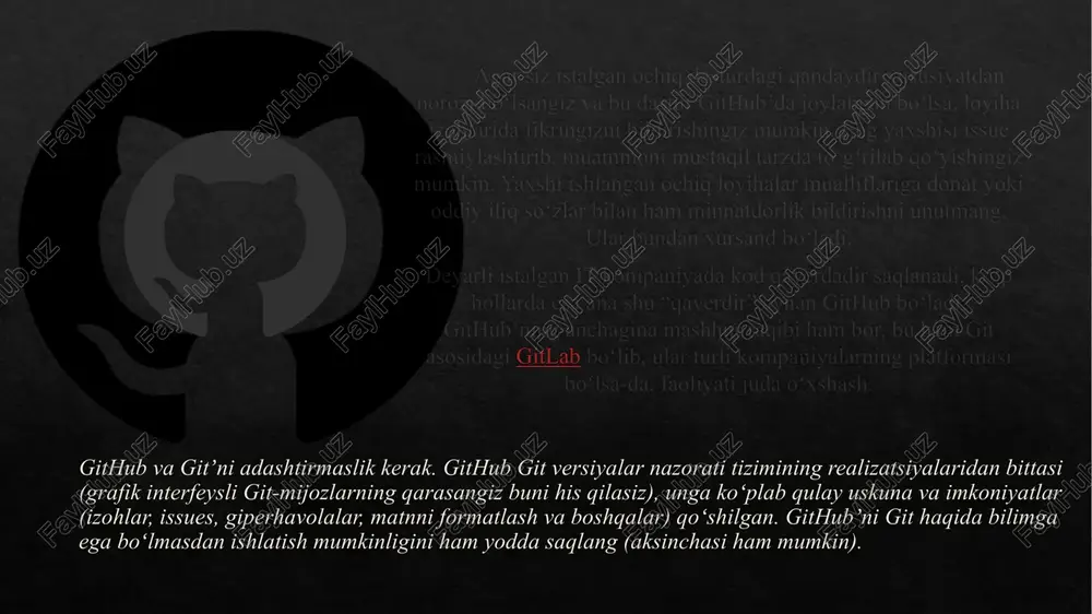 , tarmoq, kommit, fork kabilar asosiy atamalardan. bu nomlardan baʼzilarini tanlash (ingliz tilini bilgan taqdiringizda ham) unchalik mos emasdek koʻrinishi mumkin, ammo shunday boʻlib qolgan. repozitoriy bu dasturingiz ichki direktoriya va fayllaridan iborat asosiy papkasi boʻlib, ayni damda oʻsha papkaning githubʼdagi sahifasi hamdir. repozitoriyga hamma narsani yuklash mumkin, ammo unda manba kodi mavjud fayllar va qandaydir qoʻshimcha materiallar, masalan, gui yoki sahifalash uchun kerak boʻladigan grafika (rasmlar, ikonkalar va hokazo) saqlanishiga moʻljallangan. repozitoriylar omma uchun ochiq yoki yopiq boʻlishi, ularning ichida boshqa papkalar yaratib, versiyalardagi oʻzgarishlarni kuzatib borish mumkin. repozitoriylarni toʻgʻridan toʻgʻri sayt interfeysida turib, buyruq satrida, github kompyuter dasturida yoki servis bilan integratsiyani quvvatlaydigan turli dasturlash vositalari (ide) kabilar orqali boshqarish mumkin. tarmoq (branch) tarmoqlarda oʻzgarish va yangilanishlar guruhlanadi. masalan, bitta asosiy branch (standart holatda main branch) va bitta beta branch yaratiladi. tarmoqlar bir-biridan mustaqil boʻladi, ammo xohish tugʻilsa, kodda farq boʻlsa ham ularni birlashtirish (merge – birlashish) mumkin. …