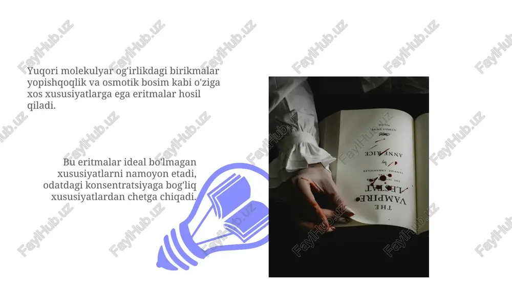 n o'zaro ta'siri bilan ta'sirlanadi. yuqori molekulyar og'irlikdagi birikmalar uchun eritma xossalariga konsentratsiya ta'siri muhim bo'lib, yopishqoqlik va ozmotik bosimga ta'sir qiladi. qon – nyuton boʻlmagan suyuqlik qon tarkibidagi oqsillar kabi yuqori molekulyar og'irlikdagi birikmalarning eritmalari uning yopishqoqligi va nyuton bo'lmagan xususiyatlariga hissa qo'shadi. qon nyuton bo'lmagan suyuqlik xususiyatiga ega, ya'ni uning yopishqoqligi kesish kuchiga qarab o'zgaradi. tomirlarda qon aylanishi qon nyuton bo'lmagan suyuqlik xususiyatlarini ko'rsatadi, ya'ni uning yopishqoqligi kesish kuchiga qarab o'zgaradi. yuqori molekulyar og'irlikdagi birikmalar eritmaning yopishqoqligi va osmotik bosimini oshiradi. egiluvchanlik qonning reologik xossalari: yopishqoqlik, taslim bo'lish kuchlanishi va viskoelastiklik. yuqori molekulyar og'irlikli birikmalar eritmalarining xususiyatlari: viskoelastiklik, tixotropiya va qirqish yupqalashuvi. e'tiboringiz uchun rahmat @taqdimot_robot image4.jpg image5.jpg image6.jpg image7.jpg image8.jpg image9.jpg image10.jpg image11.jpg image12.jpg image13.jpg image14.jpg image15.jpg image16.jpg image17.jpg image18.jpg image19.jpg image20.jpg image1.jpeg image2.jpeg image3.jpeg