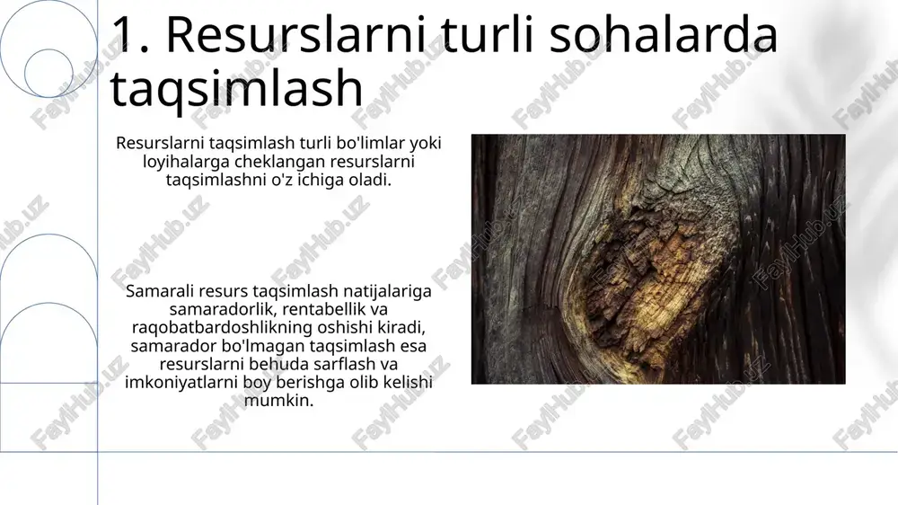 ga ta'sir etuvchi omillar: kamchilik, talab, xarajat va ustuvorliklar. 14.samarali resurs taqsimlashning oqibatlari raqobatbardoshlik va bozor ulushini oshirish. ish samaradorligini va unumdorligini oshirish. 15.savol-javob sessiyasi resurs taqsimlash strategiyasi resurslarni qanday tarqatilishini belgilaydi va bu loyiha muvaffaqiyati va individual ishlashga ta'sir qiladi. resurslarni taqsimlashning oqibatlari loyiha kechikishlari, byudjetdan oshib ketish va xodimning norozi bo'lishiga olib kelishi mumkin. 16.resurslarni taqsimlash va qaror qabul qilish resurslarni taqsimlash haqidagi qarorlar nimalar ishlab chiqarilishi, iste'mol qilinishi va investitsiya qilinishini belgilaydi. resurslarni taqsimlash, mavjud resurslarni raqobatdosh foydalanish o'rtasida taqsimlashni o'z ichiga oladi. 17.resurslarni taqsimlash usullari resurslarni taqsimlash oqibatlari: loyihaning muvaffaqiyati, samaradorligi va resurslar mavjudligiga ta'sir qiladi. resurslarni taqsimlash tashkilotlar uchun o'z aktivlaridan samarali foydalanish va maqsadlarga erishish uchun muhimdir. e'tiboringiz uchun rahmat @taqdimot_robot image1.png image2.jpg image3.jpg image4.jpg image5.jpg image6.jpg image7.jpg image8.jpg image9.jpg image10.jpg image11.jpg image12.jpg image13.jpg image14.jpg image15.jpg image16.jpg image17.jpg image18.jpg