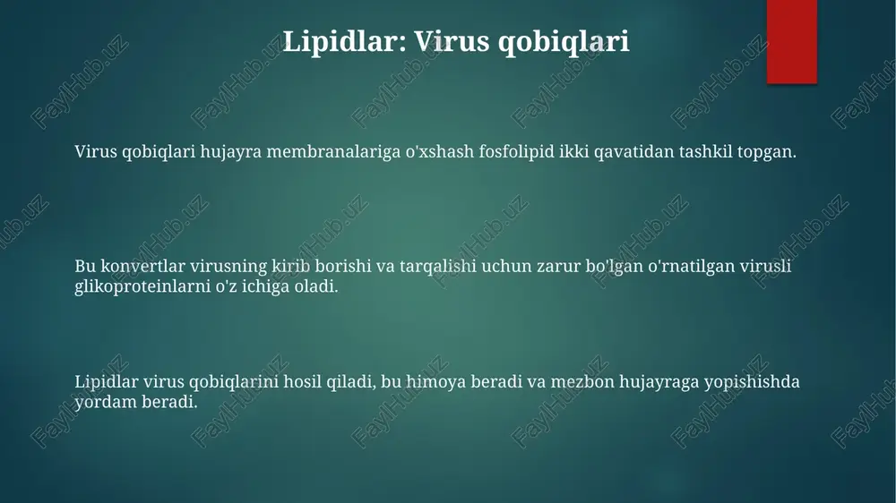 kabi omillar. viruslarning kimyoviy tarkibini tushunish samarali antiviral davolash usullari va vaktsinalarni ishlab chiqish uchun juda muhim. e'tiboringiz uchun rahmat @taqdimot_robot image1.png image2.png image3.png image4.png image5.png image6.png image7.png image8.png image9.png image10.png