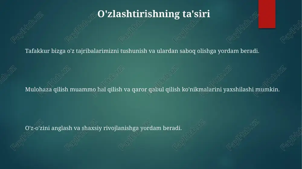 ularni o'rganish. muammo yechish jarayonini optimallashtirishni tahlil qiling. kelajakdagi muammolar uchun yangi tushunchalar va nuqtai nazarlarni oling. aks ettirish turlari nurlar bir muhitdan ikkinchisiga o'tganda buriladi. yassi akslanish: silliq sirtlar nurini bitta yo'nalishda aks ettiradi. tarqoq akslanish: qattiq sirtlar yorug'likni turli yo'nalishlarga tarqatadi. amalga oshiriladigan fikr yaxshilanish yo'llarini aniqlash va aniq qadamlar yaratish. ikkalasiga ham: samarali bo'lish uchun vaqt, kuch va halol o'zini baholash talab etiladi. ikkalasiga ham: samarali bo'lish uchun vaqt, kuch va halol o'zini baholash talab etiladi. o'zini o'zi aks ettirishning kuchi o'zingizni yaxshiroq tushuning: kuchli tomonlaringizni, zaif tomonlaringizni va yaxshilanish uchun yo'llarni aniqlang. ma'lumotli qarorlar qabul qiling: o'tgan harakatlaringizni tahlil qiling va xatolardan saboq olib, dono tanlov qiling. shaxsiy o'sishni yaxshilash: tajribalarni aks ettirish o'z-o'zini anglashni oshiradi va ijobiy o'zgarishlarga olib keladi. rahbariyatda o'zlashtirish rahbarlarni fikr-mulohaza so'rashga va yondashuvlarini moslashtirishga undab, uzluksiz o'rganish va rivojlanishni rag'batlantiradi. o'tgan tajribalarni tahlil qilib, yaxshilanish sohalarini aniqlab qaror qabul qilishni yaxshilaydi. …
