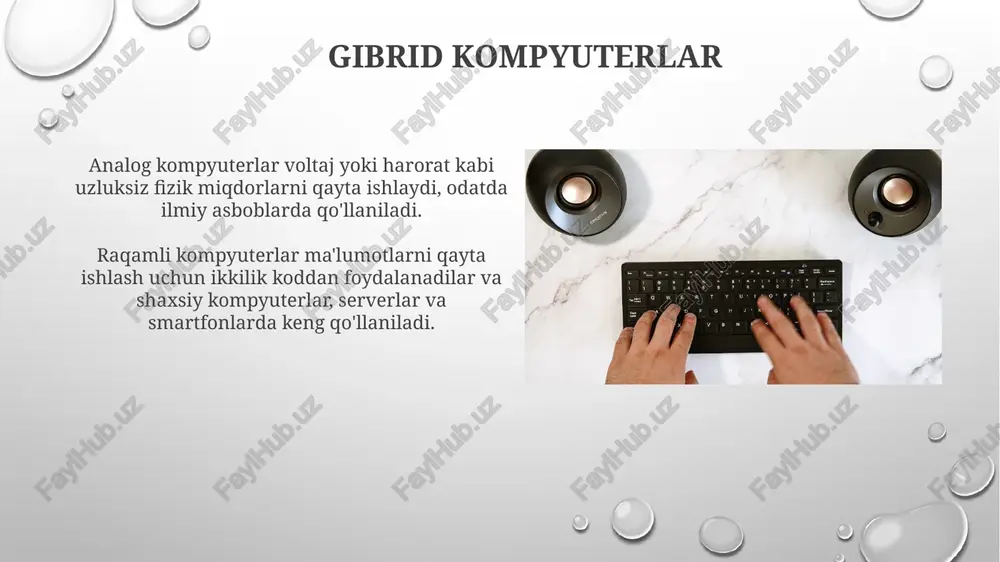 mpyuterlar - **ishlashni yaxshilash:** vazifalarni bo'lish orqali tarqalgan tizimlar ma'lumotlarni tezroq qayta ishlashi mumkin. - **ishonchlilikni oshirish:** agar bitta komponent ishdan chiqsa ham, tizim boshqa komponentlar bilan ishlashni davom ettirishi mumkin analog kompyuterlar raqamli kompyuterlar ma'lumotlarni ifodalash uchun ikkilik raqamlarni (0 va 1) ishlatadi. gibrid kompyuterlar analog va raqamli kompyuterlarning elementlarini birlashtiradi. kvant kompyuterlar kvant kompyuterlar hisoblashni amalga oshirish uchun superpozitsiya va chambarchaslik kabi kvant hodisalaridan foydalanadilar. klasik kompyuterlar ma'lumotlarni bitlarda saqlaydi, kvant kompyuterlari esa 0 va 1 ni bir vaqtning o'zida ifodalay oladigan kubitlardan foydalanadilar. kompyuterlar stol kompyuterlari odatda monitor, klaviatura va sichqoncha bilan birga o'tirish joyida ishlatish uchun mo'ljallangan shaxsiy kompyuterlardir. hammasi bitta bo'lgan stol kompyuterlar kompyuterning barcha qismlarini bitta birlikka, integratsiyalangan monitor bilan birlashtirib, o'rnatishni soddalashtiradi. e'tiboringiz uchun rahmat @taqdimot_robot image3.png image4.jpg image5.jpg image6.jpg image7.jpg image8.jpg image9.jpg image10.jpg image11.jpg image12.jpg image13.jpg image14.jpg image15.jpg image16.jpg image17.jpg image18.jpg image19.jpg image20.jpg image1.png