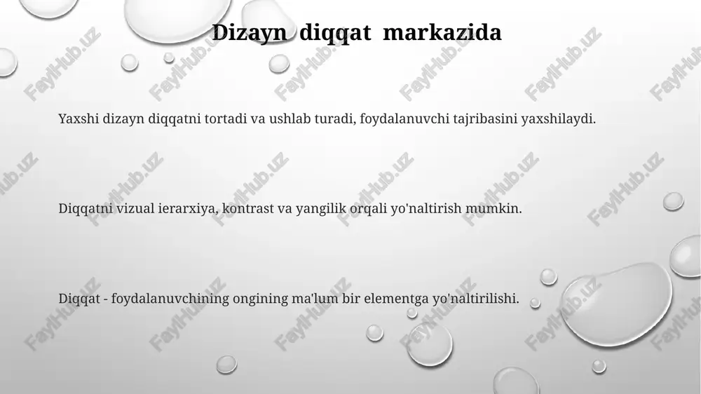 qaratish qobiliyatidir. diqqat - bu chalg'ituvchi omillarni inobatga olmagan holda, ma'lum bir ma'lumotga e'tibor qaratish qobiliyatidir. ta'limda diqqat diqqatni yaxshilash strategiyasi: xalaqit beruvchilarni kamaytirish, kundalik jadval yaratish va mindfulness mashqlari. diqqatni chalg'itish, ko'p ish qilish va uxlashning yetishmasligi diqqatni pasaytirishi mumkin. e'tibor o'qish va o'qishdagi muvaffaqiyat uchun juda muhimdir. diqqat tanqisligi va buzilishlar belgilar odatda bolalikda paydo bo'ladi va kattalarga qadar davom etishi mumkin. davolash usullari dorilar, terapiya va xulq-atvorga ta'sir qilishni o'z ichiga oladi. e'tibor yetishmovchiligi/giperaktivlik buzilishi (eyg) - e'tiborning yetarli bo'lmasligi, giperaktivlik va impulsivlik bilan tavsiflangan nevrologik rivojlanish buzilishi. psixologiyadagi e'tibor diqqat – bu boshqa stimulardan e'tiborni chalg'itmasdan, tanlangan stimulga diqqatni jamlashni o'z ichiga oluvchi idrok jarayoni. diqqat cheklangan, ya'ni biz bir vaqtning o'zida faqat oz miqdorda ma'lumotga e'tibor qarata olamiz. diqqat motivatsiya, qiziqish va qo'zg'alish kabi omillar tomonidan ta'sirlanishi mumkin. e'tiboringiz uchun rahmat @taqdimot_robot image1.png image2.png image3.png