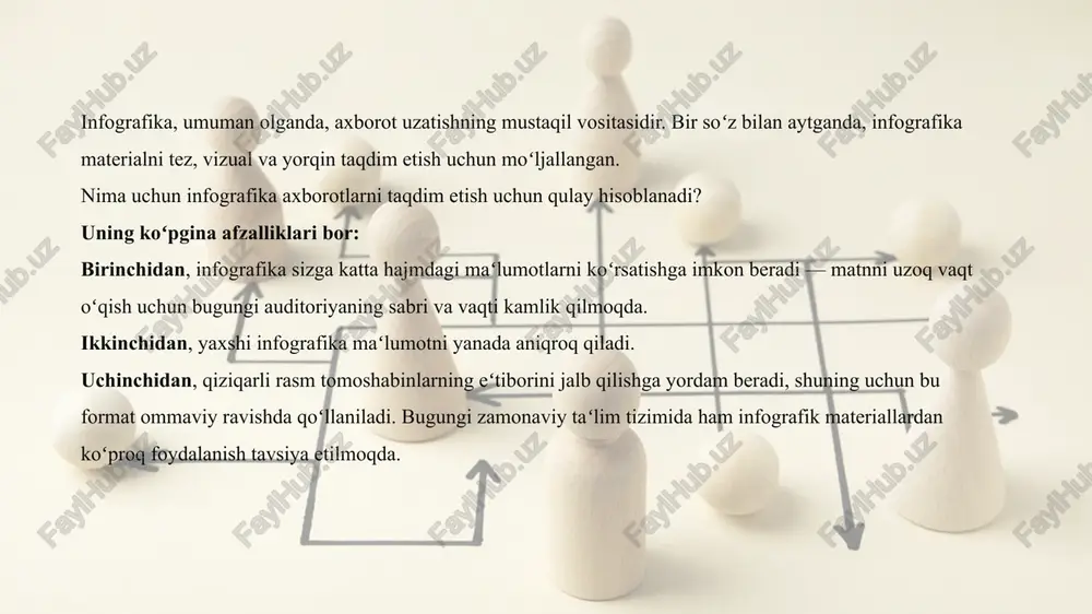 larini koʻrsatadi. 4.qiyosiy infografika. turli obʻektlarning xususiyatlarini solishtirish imkonini beradi. infografikani matn bilan ortiqcha toʻldirmang. esda tutingki, asosiy maʻlumotlar tasvir orqali amalga oshiriladi. life-hack: infografika oʻz rolini bajarishini tekshirish uchun undan barcha matnni olib tashlashingiz mumkin. matnsiz ham, u nima haqida ekanligi aniq boʻlishi kerak. qoʻllanma sifatida koʻp matn bermang — bu materialni idrok etishni sezilarli darajada murakkablashtiradi. tafsilotlarni tushuntirish uchun iboralarni qoʻshing. semantik yukni koʻtarmaydigan elementlarni olib tashlang — ular idrok etishni qiyinlashtiradi. infografika taqdim etilgan maʻlumotlarning kontsentratsiyasida kuchli boʻladi. har bir chiziq, koʻrsatkich yoki belgi maʻnoga ega boʻlishi kerak. ortiqcha yukla bermang. biror kishi taqdim etilgan maʻlumotni osongina idrok etishi va haddan tashqari koʻp bloklar, rasmlar va oʻqlarda chalkashib ketmasligi muhimdir. iloji boricha aniq va mantiqiy tuzilmani yarating. eng muhim komponentlarni yoki katta guruhlarni markazga joylashtiring. yorqin ranglardan foydalaning. rasmlar fonida matn yoʻqolmasligiga ishonch hosil qiling. agar siz korporativ loyihani amalga oshirayotgan boʻlsangiz, kompaniyaning ranglarini ishlating (bu kompaniyaning …