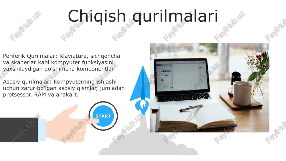 asalan, protsessor va ram kabi asosiy operatsiyalar uchun zarur. asosiy qurilmalarning ahamiyati ikkala tur ham to'liq va ishlaydigan kompyuter tizimi uchun muhimdir. chekka qurilmalar funksiyani kengaytiradi, kirish, chiqish va saqlashni kengaytirish imkonini beradi. e'tiboringiz uchun rahmat @taqdimot_robot image5.jpg image6.jpg image7.jpg image8.jpg image9.jpg image10.jpg image11.jpg image12.jpg image13.jpg image14.jpg image15.jpg image16.jpg image17.jpg image18.jpg image19.jpg image20.jpg image21.jpg image1.jpeg image2.jpeg image3.jpeg image4.jpeg