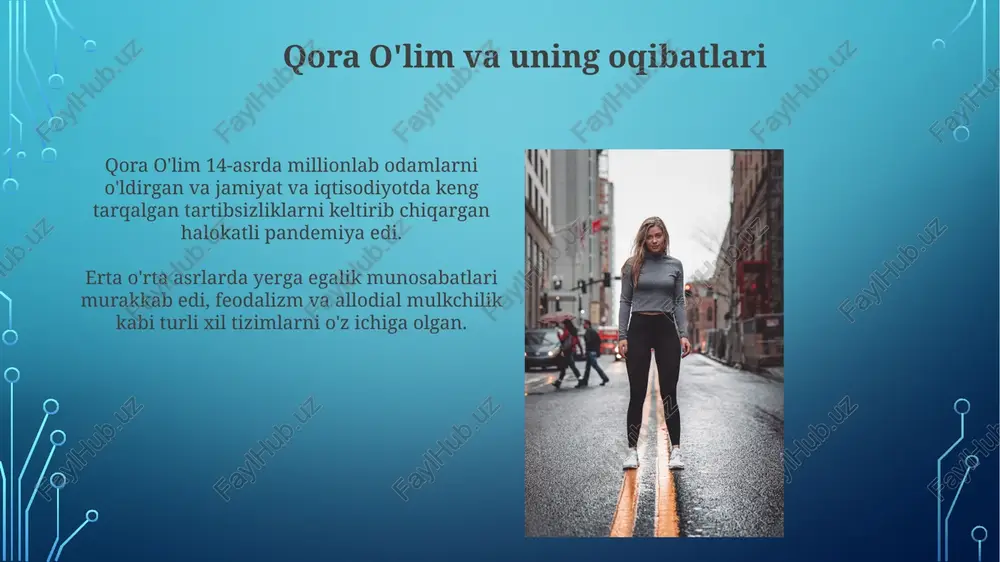 alib turardi. xulosa feodalizm deb atalgan bu tizim asrlar davomida yevropaning siyosiy, iqtisodiy va ijtimoiy manzarasini shakllantirgan. lordlar vassalalarga yer berib, ularni harbiy xizmat va sodiqlik bilan bog'lab, ierarxik ijtimoiy tuzilmani yaratuvchi tizim. yer huquqi rivojlanishi feodalizmning paydo bo'lishi allodial va feodal kabi turli xil yer egalik shakllarining rivojlanishiga olib keldi. cherkov yer mulkiyati va boshqaruvda muhim rol o'ynagan, keng ko'lamli yerlarga ega bo'lgan va huquqiy me'yorlarga ta'sir ko'rsatgan. e'tiboringiz uchun rahmat @taqdimot_robot image3.jpg image4.jpg image5.jpg image6.jpg image7.jpg image8.jpg image9.jpg image10.jpg image11.jpg image12.jpg image13.jpg image14.jpg image15.jpg image16.jpg image17.jpg image18.jpg image19.jpg image2.png