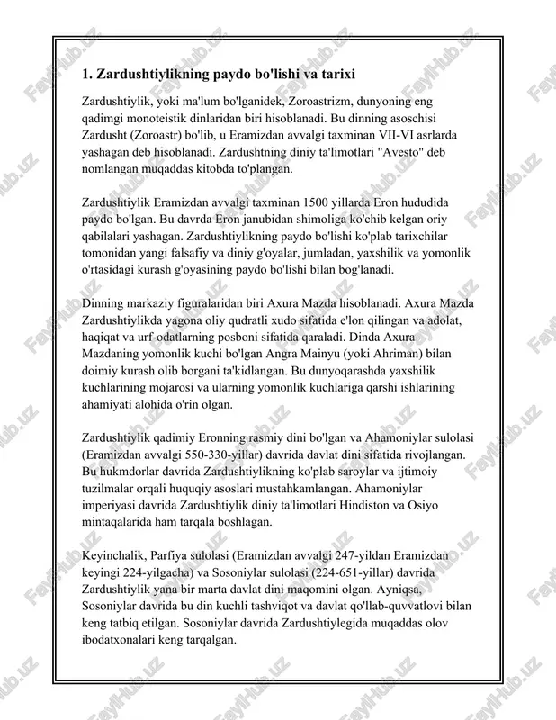 yaratgan mavjudotlari uchun himoyachi va yo'lboshchi sifatida, barcha yaxshiliklarning manbai hisoblanadi. ahura mazda va uni sig'inish qadimgi fors imperiyasining asosini tashkil etgan. ahamoniylar sulolasi (taxminan miloddan avvalgi 550-330 yillar) ahura mazdani ulug‘laydi va ularning hukmronligidagi asosiy diniy yo‘nalishlardan biri sifatida shakllantirgan. doro i va ahmoniy xu kxorshid marmar idorasida ahura mazda nomli va uning ulug‘vorligini ulug‘lovchi yozuvlar mavjud. ahura mazda narigi dunyo bilan aloqalarni e'lon qilgan oliy ilohiy sifatida, zardushtiylikning muqaddas kitobi "avesto"da markaziy personajdir. ushbu kitobda ahura mazdaning insoniyatga taqdim etgan ilohiy qonun va axloqiy qoidalar mavjud. ahura mazda bu e'tiqodda nur borasida va uning eng qadimiy dushmani bo‘lgan zulm va yomonlik quvvati angra mainyu bilan kurashda ijobiy kuchlarning ramzidir. ahura mazda va unga sig'inish jarayoni, asosiy jihatdan o‘zini tozalikka va ruhiy poklikka erishishga qaratilgan. zardushtiylar suv, er, o‘t va havoni muqaddas deb bilishlari sababli, bu elementlarga hurmat ko‘rsatish zardushtiy ibodatlarida markaziy ahamiyatga ega. ahura mazdaga diniy xizmat ko'rsatishda …
