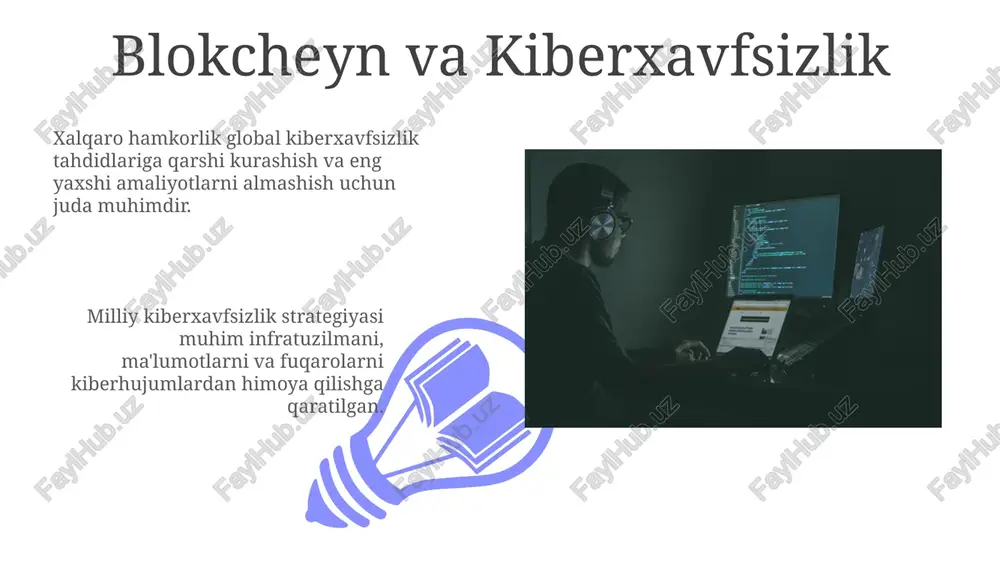 milliy va xalqaro kiberxavfsizlik harakatlari hamkorlik, ma'lumot almashish va tahdidlarni kamaytirishga qaratilgan. milliy darajadagi kiberxavfsizlik hukumat tarmoqlarini, muhim infratuzilmalarni va fuqaro ma'lumotlarini kiberxavfsizlik tahdidlaridan himoya qilishga qaratilgan. kuchli kiber xavfsizlik ishchi kuchi barpo etish milliy va xalqaro xavfsizlik uchun malakali kiberxavfsizlik mutaxassislarini tayyorlash va saqlab qolish juda muhim. kiberxavfsizlik ko'nikmalari tanqisligini bartaraf etish uchun ta'lim, o'qitish va sertifikatlash dasturlariga investitsiya qilish juda muhim. kiberxavfsizlik manzarasi: jahon nuqtai nazari milliy kiberxavfsizlik strategiyasi muhim infratuzilmani, davlat tarmoqlarini va fuqarolarning ma'lumotlarini himoya qilish uchun zarurdir. global kiberxavfsizlik maydoni davlatlar tomonidan amalga oshiriladigan tahdidlardan tortib to murakkab jinoyatchilar guruhlarigacha bo'lgan turli xil tahdidlarni o'z ichiga oladi. e'tiboringiz uchun rahmat @taqdimot_robot image4.jpg image5.jpg image6.jpg image7.jpg image8.jpg image9.jpg image10.jpg image11.jpg image12.jpg image13.jpg image14.jpg image15.jpg image16.jpg image17.jpg image18.jpg image19.jpg image20.jpg image1.jpeg image2.jpeg image3.jpeg