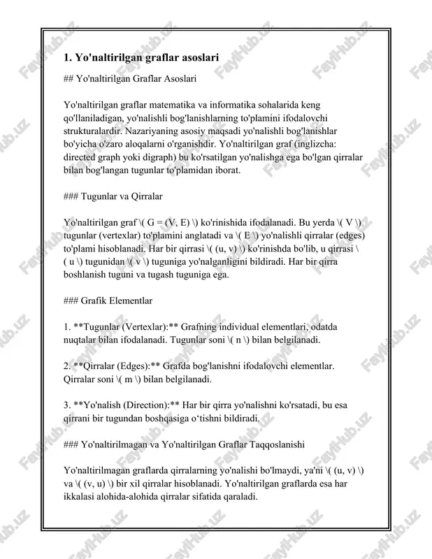 ydigan, ammo ularga yo'nalish bermaydigan elementdan iborat. bunday graflar ko'plab foydalanish holatlariga ega, jumladan, tarmoq bilimlari, algoritmlar implementatsiyasi va boshqalar. keling, ushbu mavzuning asosiy jihatlarini ko'rib chiqamiz: 1. **graf tushunchasi**: yo'naltirilmagan graf $g = (v, e)$, bu yerda $v$ uchlar to'plami, $e$ esa qirralar to'plami. har bir qirra $e \in e$ ikki uchni bog'laydi, ya'ni $e = \{u, v\}$ bo'lib, bu erda $u, v \in v$. 2. **uchlar va qirralar soni**: grafning parametrlaridan biri bu uchlar soni, $|v|$, va qirralar soni, $|e|$. $n$-uchli yo'naltirilmagan grafda qirralar maksimal soni $n(n-1)/2$ bo'lishi mumkin, ya'ni graf to'liq graf bo'lganda shunday bo'ladi. 3. **alohida graf turlari**: - **to'liq graf**: $k_n$ bilan ifodalanadigan to'liq graf, bu $n$ uch va har bir uch oralig'ida qirralar mavjud bo'lgan grafdir. qirralarning soni $n(n-1)/2$ ga teng. - **tsiklik graf**: $c_n$ bilan ifodalanadi va $n$ uchli tsikli o'z ichiga oladi. - **yulduz graf**: $s_n$ bilan ifodalanadi va bitta markaziy uch …