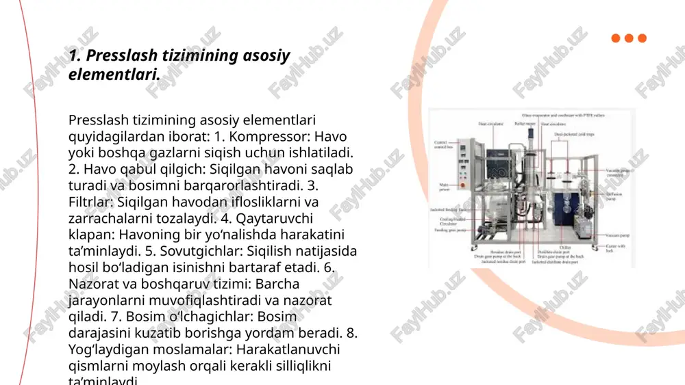 i sifati en 15975 va iso 24512 kabi standartlarga muvofiq baholanadi. isroilda suv yo'qotishlari 10% dan kam, lekin ayrim mamlakatlarda u 30-50% ga yetishi mumkin. ... t.me/slaydai_bot barrel va piston mexanizmlari gidravlik va pnevmatik tizimlarda ko'p qo'llaniladi. ushbu mexanizmlar energiyani suyuqlik yoki gaz orqali uzatadi. barrel, yaniy tsilindr, ichida piston harakatlanadi. pistonning harakati suyuqlikni siqadi yoki bo'shatadi, bosimni oshiradi yoki kamaytiradi. gidravlik tizimlarda yuqori bosim (tez-tez 2500 psi va undan yuqori) ko'proq kuch hosil qiladi. pnevtik tizimlarda esa odatda past bosim ishlatiladi (80-100 psi atrofida). mexanizmning o'lchami, materiali va dizayni uning ishlash imkoniyatlarini belgilaydi. texnik xizmat ko'rsatish muntazam amalga oshirilishi zarur, chunki noxush aşınmalar va muhrlash muammolari samaradorlikni pasaytirishi mumkin. ... t.me/slaydai_bot 2. yuritmali suyuqlik presslarning turlari. yuritmali suyuqlik presslarining ishlashida valflar asosiy rol o‘ynaydi. ular suyuqlik oqimini boshqarib, oqim yo‘nalishi, bosimi va tezligini nazorat qiladi. kirish va chiqish valflari tizimga suyuqlikni kiritish va chiqarishga yordam beradi. tizim ichida ishlatiladigan …