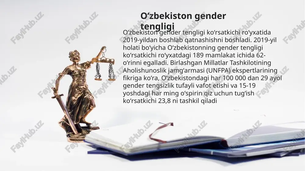 a har bir jins bo‘yicha alohida ko‘rsatilgan ma’lumotlarni o‘z ichiga olgan, har xil jinsdagi shaxslarning ijtimoiy-siyosiy hayotning barcha sohalaridagi tegishli holatini aks ettiradigan, gender muammolarini va jamiyatdagi munosabatlarni yoritadigan qismi https://lex.uz/docs/-4494849 gender-huquqiy ekspertiza — normativ-huquqiy hujjatlarni hamda ularning loyihalarini xotin-qizlar va erkaklar uchun teng huquq hamda imkoniyatlar kafolatlarini ta’minlash prinsiplariga muvofiqligi yuzasidan tahlil qilish; genderga oid audit — davlat organlari va tashkilotlari faoliyatida, shu jumladan kadrlar siyosatini olib borishda xotin-qizlar va erkaklar uchun teng huquq hamda imkoniyatlar kafolatlari to‘g‘risidagi qonunchilik talablariga rioya etilishi holatini, shuningdek genderga doir kompleks yondashuvni o‘rganish va baholash thank you for attetion image1.jpeg image2.jpeg image3.jpeg image4.jpeg image5.jpeg image6.jpeg image7.jpeg image8.jpeg image9.jpeg image10.jpeg /docprops/thumbnail.jpeg
